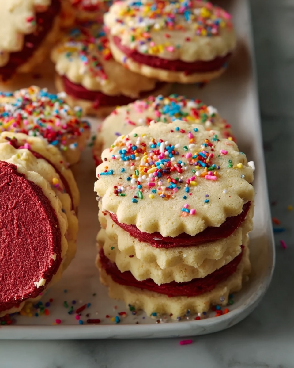 Funfetti Shortbread Sandwich Cookies with Frosting Recipe 6 Large white oval ceramic serving tray elegantly arranged with a generous batch of colorful funfetti sandwich cookies, each consisting of two round, scalloped-edge cookies embedded with vibrant sprinkles and filled with creamy pink frosting, some cookies decorated further with a ring of rainbow sprinkles on the edges. The entire collection is displayed in an inviting, abundant manner on a white marble countertop, captured in soft, natural daylight that highlights the textures and festive colors, styled as a mouth-watering gourmet treat perfect for a celebration. REALISTIC STYLE IMAGE| TAGS: High-end food photography, clean composition, dramatic lighting, luxurious, elegant, mouth-watering, indulgent, gourmet | CAMERA: Nikon Z7 | FOCAL LENGTH: 50mm | SHOT TYPE: Close-up | COMPOSITION: 3/4 angle | LIGHTING: Soft directional light | PRODUCTION: Food Stylist | TIME: Daytime I LOCATION TYPE: Kitchen near windows --stylize 150 --ar 4:5