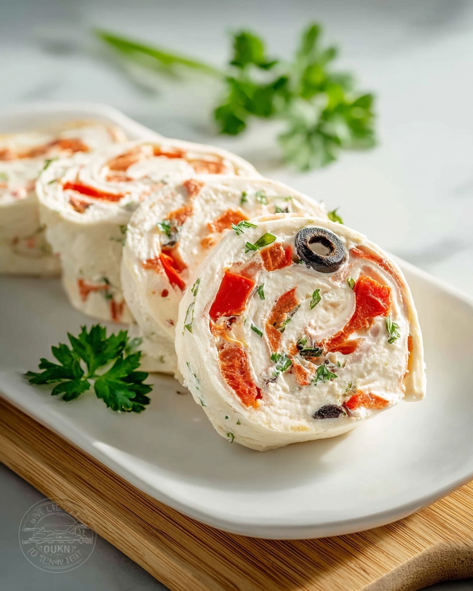 A whole large white oval ceramic serving tray filled with a generous pile of creamy white tortilla pinwheel roll-ups, studded with bright red bell pepper chunks and slices of black olives, garnished with fresh parsley sprigs scattered artfully around, displaying the entire batch arranged neatly on a pristine white marble kitchen countertop. The shot is taken from a 3/4 angle with soft natural daylight streaming through nearby windows, emphasizing the smooth texture and vibrant colors of the rolls, styled for an elegant and mouth-watering gourmet presentation. REALISTIC STYLE IMAGE| TAGS: High-end food photography, clean composition, dramatic lighting, luxurious, elegant, mouth-watering, indulgent, gourmet | CAMERA: Nikon Z7 | FOCAL LENGTH: 50mm | SHOT TYPE: Close-up | COMPOSITION: 3/4 angle | LIGHTING: Soft directional light | PRODUCTION: Food Stylist | TIME: Daytime I LOCATION TYPE: Kitchen near windows --stylize 150 --ar 4:5