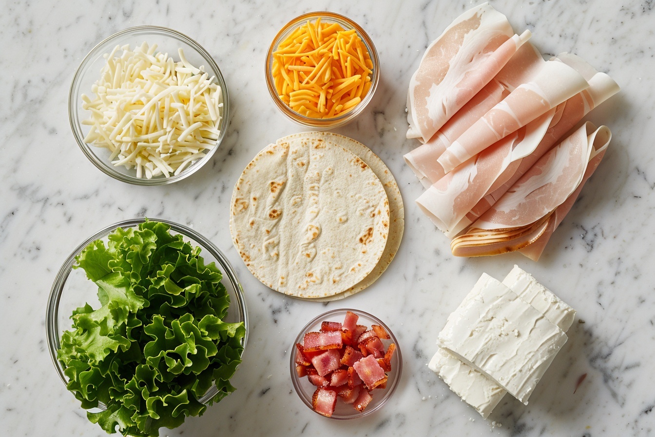 Single white plate with one neatly sliced turkey and cheddar cheese wrap pinwheel, showcasing the spiraled layers of soft tortilla, vibrant green lettuce, crispy bacon bits, and creamy cheese, with a close-up 3/4 angle view highlighting the fresh textures and colorful fillings, placed on a white marble surface, natural soft directional lighting emphasizing the mouth-watering layers, styled for an elegant food blog presentation, intimate and inviting daytime kitchen setting near windows. REALISTIC STYLE IMAGE| TAGS: High-end food photography, clean composition, dramatic lighting, luxurious, elegant, mouth-watering, indulgent, gourmet | CAMERA: Nikon Z7 | FOCAL LENGTH: 50mm | SHOT TYPE: Close-up | COMPOSITION: 3/4 angle | LIGHTING: Soft directional light | PRODUCTION: Food Stylist | TIME: Daytime I LOCATION TYPE: Kitchen near windows --stylize 150  --ar 4:5