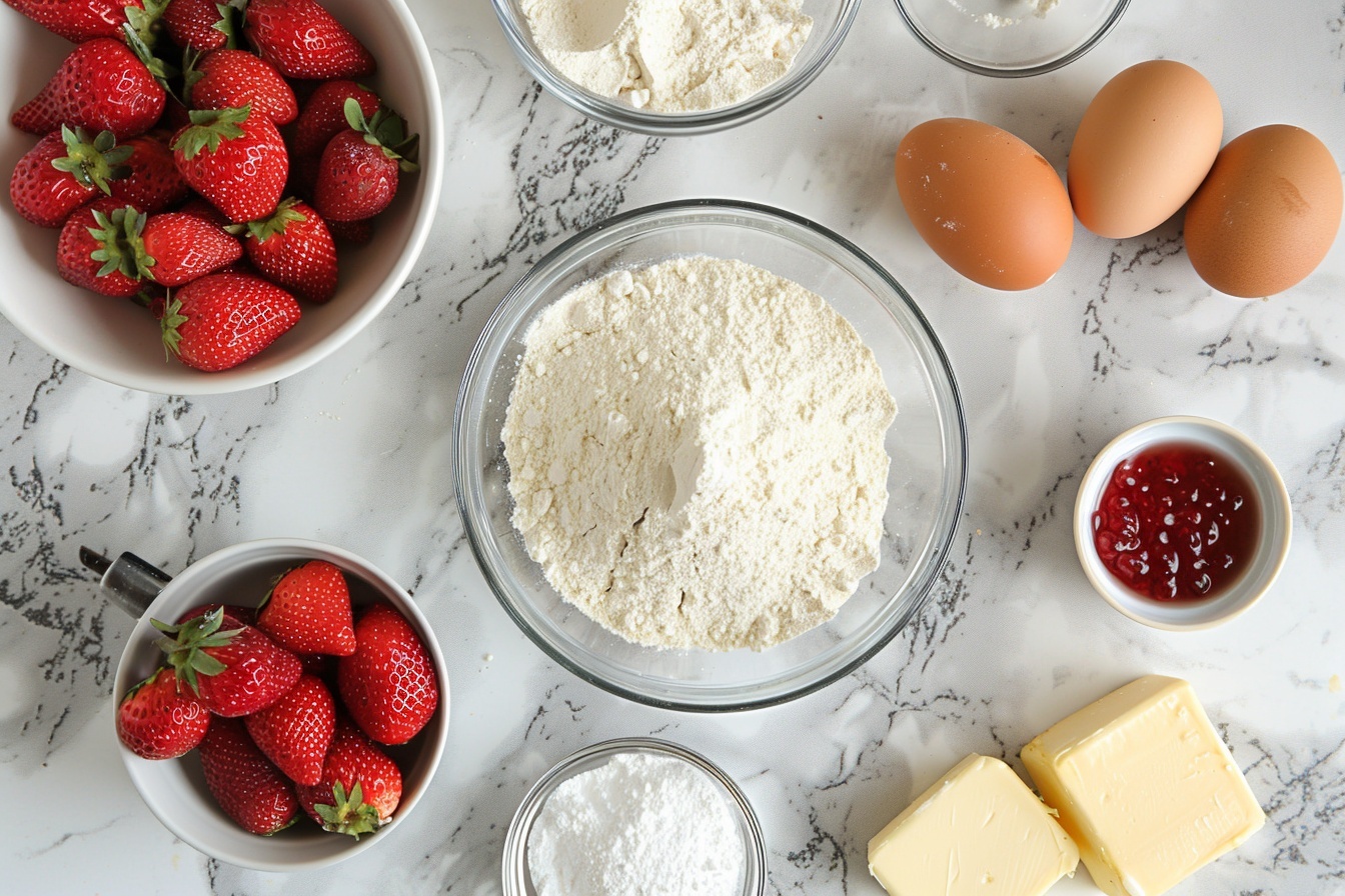 A single flaky biscuit studded generously with fresh diced strawberries and speckled with visible vanilla bean flecks, broken open on a pristine white plate to reveal the soft, airy interior bursting with juicy strawberry pieces and layered with a subtle crumb texture, the biscuit catching warm natural light on a white marble surface, styled simply but elegantly to accentuate the fresh ingredients and tender crumb structure, evoking a comforting, indulgent homemade treat ready to be enjoyed. REALISTIC STYLE IMAGE| TAGS: High-end food photography, clean composition, dramatic lighting, luxurious, elegant, mouth-watering, indulgent, gourmet | CAMERA: Nikon Z7 | FOCAL LENGTH: 50mm | SHOT TYPE: Close-up | COMPOSITION: 3/4 angle | LIGHTING: Soft directional light | PRODUCTION: Food Stylist | TIME: Daytime I LOCATION TYPE: Kitchen near windows --stylize 150  --ar 4:5