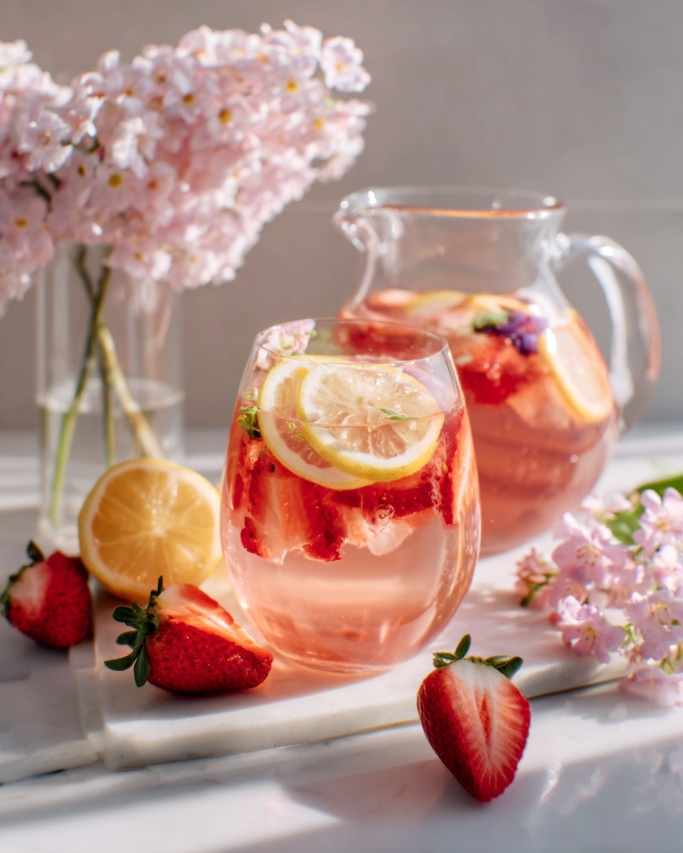 A large modern glass pitcher filled with refreshing pink lemonade, garnished with floating slices of lemon and fresh strawberries, surrounded by scattered whole strawberries and soft pink flower sprigs on a pristine white marble kitchen countertop, capturing the entire beverage vessel with natural daylight streaming in from nearby windows, styled to showcase the vibrant colors and refreshing appeal of the drink in an elegant and mouth-watering presentation. REALISTIC STYLE IMAGE | TAGS: High-end food photography, clean composition, dramatic lighting, luxurious, elegant, mouth-watering, indulgent, gourmet | CAMERA: Nikon Z7 | FOCAL LENGTH: 50mm | SHOT TYPE: Close-up | COMPOSITION: 3/4 angle | LIGHTING: Soft directional light | PRODUCTION: Food Stylist | TIME: Daytime | LOCATION TYPE: Kitchen near windows --stylize 150 --ar 4:5