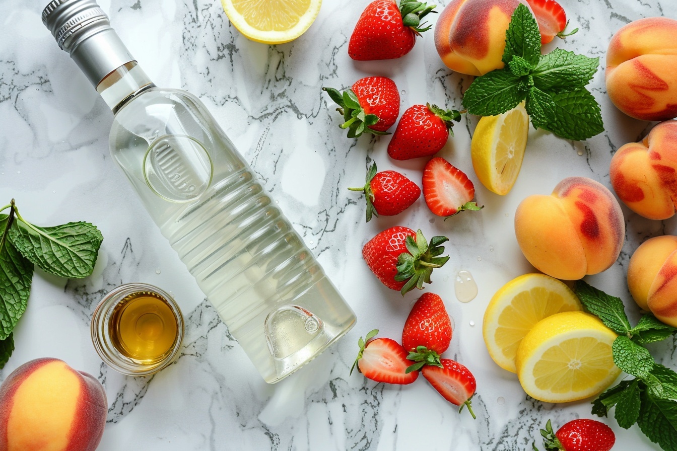 Single clear glass filled with a refreshing pink citrus drink containing visible slices of lemon, orange, and strawberries along with ice cubes and fresh mint leaves, showcasing a close-up view of the layered fruit inside the glass, placed on a white marble surface with delicate white blossoms scattered around, natural daylight illuminating the bright and vibrant colors of the drink, styled elegantly as a single serving ready to enjoy. REALISTIC STYLE IMAGE| TAGS: High-end food photography, clean composition, dramatic lighting, luxurious, elegant, mouth-watering, indulgent, gourmet | CAMERA: Nikon Z7 | FOCAL LENGTH: 50mm | SHOT TYPE: Close-up | COMPOSITION: 3/4 angle | LIGHTING: Soft directional light | PRODUCTION: Food Stylist | TIME: Daytime I LOCATION TYPE: Kitchen near windows --stylize 150  --ar 4:5