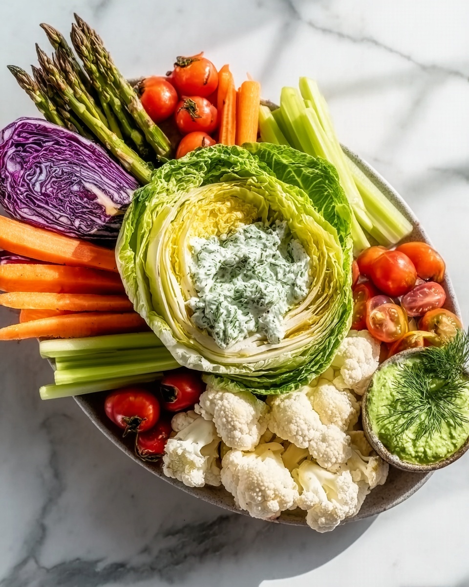 A large white platter elegantly arranged with an entire fresh vegetable crudité centerpiece, featuring a whole cabbage hollowed out and filled with creamy herb dip, a perfectly halved head of purple cabbage with a matching dip in its core, fresh vibrant orange carrots with green tops, crisp celery stalks, tender yellow peppers, clusters of bright red radishes, whole cauliflower florets, lush green asparagus spears, and dark leafy kale, all set beautifully on a white marble kitchen countertop under soft natural lighting, styled to showcase freshness and abundance from a 3/4 angle perspective, emphasizing a clean, gourmet presentation that entices the senses and celebrates vibrant, healthy eating. REALISTIC STYLE IMAGE| TAGS: High-end food photography, clean composition, dramatic lighting, luxurious, elegant, mouth-watering, indulgent, gourmet | CAMERA: Nikon Z7 | FOCAL LENGTH: 50mm | SHOT TYPE: Close-up | COMPOSITION: 3/4 angle | LIGHTING: Soft directional light | PRODUCTION: Food Stylist | TIME: Daytime I LOCATION TYPE: Kitchen near windows --stylize 150 --ar 4:5