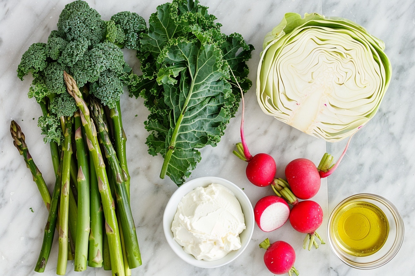 Single white plate featuring a vibrant, plated portion of fresh vegetable crudités elegantly arranged to highlight colorful details; a generous, hollowed-out cabbage leaf filled with creamy herb dip at the center, surrounded by slender, crisp baby carrots, bright cherry tomatoes, crunchy celery sticks, fluffy cauliflower florets, tender asparagus stalks, and purple cabbage wedges also filled with green dip; the close-up, angled view reveals the texture of the leafy vegetables and creamy fillings, set on a white marble surface with natural soft directional light emphasizing freshness and vivid colors, styled like a gourmet appetizer from a high-end food blog. REALISTIC STYLE IMAGE| TAGS: High-end food photography, clean composition, dramatic lighting, luxurious, elegant, mouth-watering, indulgent, gourmet | CAMERA: Nikon Z7 | FOCAL LENGTH: 50mm | SHOT TYPE: Close-up | COMPOSITION: 3/4 angle | LIGHTING: Soft directional light | PRODUCTION: Food Stylist | TIME: Daytime I LOCATION TYPE: Kitchen near windows --stylize 150  --ar 4:5