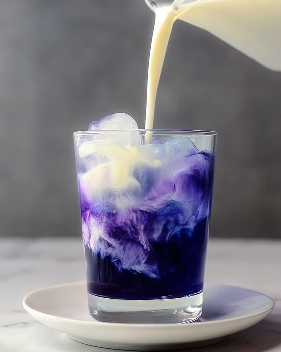 A modern clear glass pitcher filled with vibrant blue butterfly pea tea, beautifully layered as creamy white milk is being poured into the deep indigo liquid, creating mesmerizing swirling patterns. The pitcher showcases the full volume of the refreshing drink, sitting elegantly on a white marble countertop, surrounded by natural light streaming from nearby kitchen windows. The scene captures the glossy, liquid textures and rich colors with a clean and minimalist aesthetic, emphasizing the contrast between the bright white milk and the vivid blue tea. REALISTIC STYLE IMAGE| TAGS: High-end food photography, clean composition, dramatic lighting, luxurious, elegant, mouth-watering, indulgent, gourmet | CAMERA: Nikon Z7 | FOCAL LENGTH: 50mm | SHOT TYPE: Close-up | COMPOSITION: 3/4 angle | LIGHTING: Soft directional light | PRODUCTION: Food Stylist | TIME: Daytime I LOCATION TYPE: Kitchen near windows --stylize 150 --ar 4:5