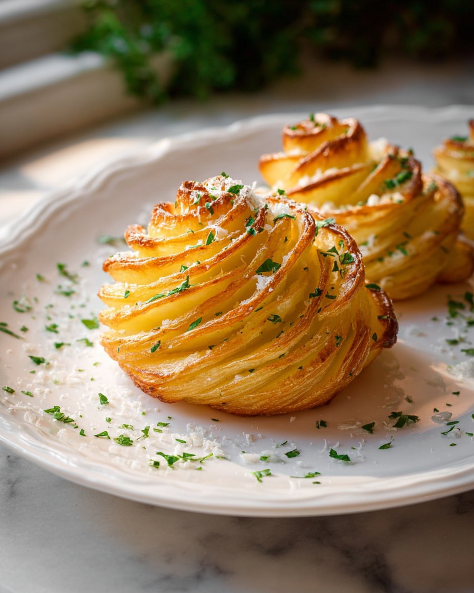 Large ornate white ceramic platter filled with a generous arrangement of perfectly golden duchess potatoes, each beautifully piped into elegant swirls with lightly crisped edges, sprinkled with finely chopped fresh parsley and a dusting of grated Parmesan cheese, presented on a white marble kitchen countertop under natural soft directional daylight, styled for a luxurious gourmet food magazine hero shot, photographed from a 3/4 angle to capture the texture and inviting warmth of the whole dish. REALISTIC STYLE IMAGE| TAGS: High-end food photography, clean composition, dramatic lighting, luxurious, elegant, mouth-watering, indulgent, gourmet | CAMERA: Nikon Z7 | FOCAL LENGTH: 50mm | SHOT TYPE: Close-up | COMPOSITION: 3/4 angle | LIGHTING: Soft directional light | PRODUCTION: Food Stylist | TIME: Daytime I LOCATION TYPE: Kitchen near windows --stylize 150 --ar 4:5