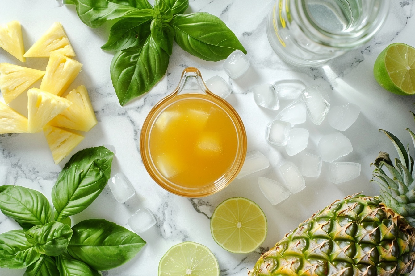 A modern clear glass pitcher filled with a refreshing pineapple basil cocktail, ice cubes floating with fresh basil leaves submerged, thick slices of ripe pineapple adorning the rim, condensation beads visible on the cool glass surface, presented on a pristine white marble countertop, natural daylight streaming softly from nearby kitchen windows casting delicate shadows, capturing the vibrant golden hues of the drink and vivid green of the basil in a luxurious, mouth-watering presentation that invites indulgence. REALISTIC STYLE IMAGE| TAGS: High-end food photography, clean composition, dramatic lighting, luxurious, elegant, mouth-watering, indulgent, gourmet | CAMERA: Nikon Z7 | FOCAL LENGTH: 50mm | SHOT TYPE: Close-up | COMPOSITION: 3/4 angle | LIGHTING: Soft directional light | PRODUCTION: Food Stylist | TIME: Daytime I LOCATION TYPE: Kitchen near windows --stylize 150 --ar 4:5