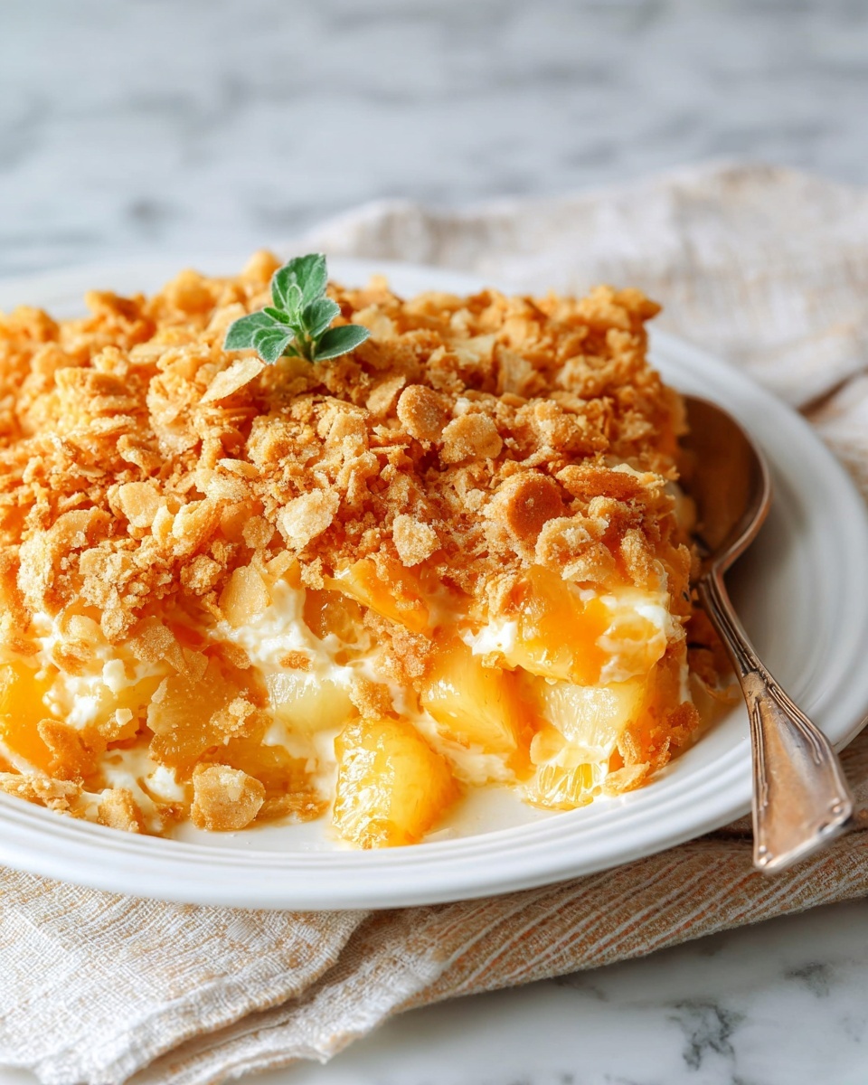 Oval white ceramic baking dish filled with a whole cheesy pineapple casserole topped generously with golden, crispy crushed crackers, the rich melted cheddar cheese bubbling under the crumbly topping with chunks of pineapple visible throughout, set on a white marble kitchen countertop with natural daylight streaming in, styled to emphasize the dish’s warmth and indulgence, captured in a professional 3/4 angle close-up shot highlighting texture and color contrast, evoking a gourmet, comforting homemade feel.  REALISTIC STYLE IMAGE| TAGS: High-end food photography, clean composition, dramatic lighting, luxurious, elegant, mouth-watering, indulgent, gourmet | CAMERA: Nikon Z7 | FOCAL LENGTH: 50mm | SHOT TYPE: Close-up | COMPOSITION: 3/4 angle | LIGHTING: Soft directional light | PRODUCTION: Food Stylist | TIME: Daytime I LOCATION TYPE: Kitchen near windows --stylize 150 --ar 4:5