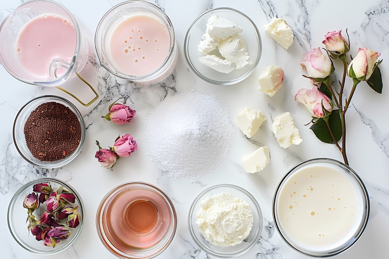 Oval white ceramic baking dish filled with a whole, uncut pink rose-flavored mousse cake, topped with a beautiful cascading line of vibrant green pistachio pieces and delicate sugar-dusted almonds mixed with vivid pink rose petals, all presented on a white round plate with a gold ornate rim, shot from a 3/4 angle on a white marble countertop with natural daylight highlighting the smooth texture and elegant decoration, styled as a high-end gourmet dessert in an airy kitchen setting near windows, creating a luxurious and mouth-watering appearance. REALISTIC STYLE IMAGE| TAGS: High-end food photography, clean composition, dramatic lighting, luxurious, elegant, mouth-watering, indulgent, gourmet | CAMERA: Nikon Z7 | FOCAL LENGTH: 50mm | SHOT TYPE: Close-up | COMPOSITION: 3/4 angle | LIGHTING: Soft directional light | PRODUCTION: Food Stylist | TIME: Daytime I LOCATION TYPE: Kitchen near windows --stylize 150 --ar 4:5