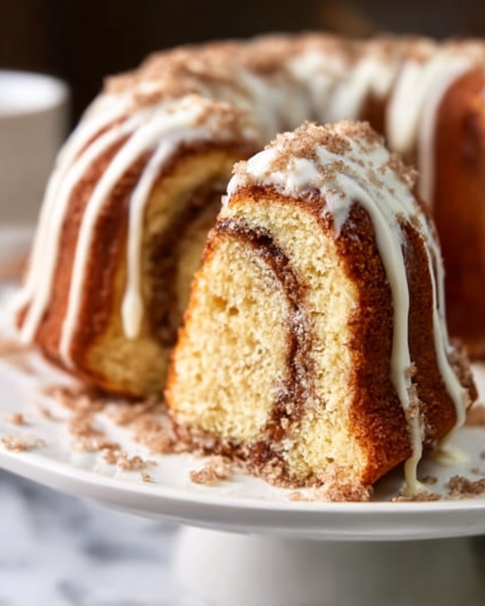 A complete, whole bundt cake on a simple white ceramic cake stand, fully intact and uncut, showcasing the smooth golden exterior with an inviting swirl pattern visible from the shape of the cake itself, generously drizzled with a glossy white icing glaze cascading evenly over the top and sides, resting on a pristine white marble kitchen countertop lit by soft natural light from nearby windows. The scene is styled like a high-end food magazine hero shot, emphasizing the rich texture and glossy icing with a clean and elegant presentation. REALISTIC STYLE IMAGE| TAGS: High-end food photography, clean composition, dramatic lighting, luxurious, elegant, mouth-watering, indulgent, gourmet | CAMERA: Nikon Z7 | FOCAL LENGTH: 50mm | SHOT TYPE: Close-up | COMPOSITION: 3/4 angle | LIGHTING: Soft directional light | PRODUCTION: Food Stylist | TIME: Daytime | LOCATION TYPE: Kitchen near windows --stylize 150 --ar 4:5