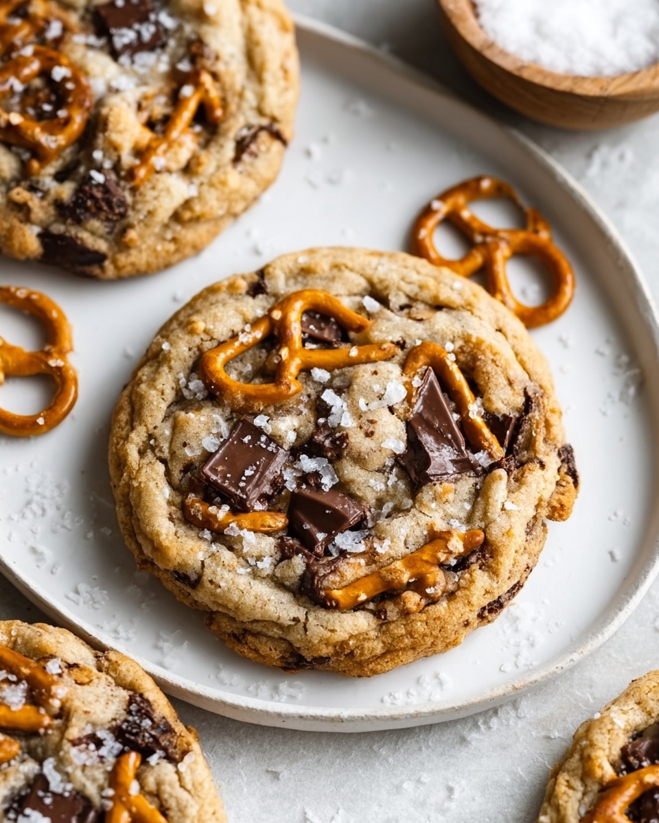 A large white oval ceramic serving tray showcasing a generous bunch of freshly baked chocolate chip pretzel cookies, each cookie studded with rich, melted chocolate chunks and crunchy pretzel pieces, sprinkled lightly with flaky sea salt, arranged neatly on crinkled parchment paper for a rustic yet elegant presentation. The scene is set on a white marble kitchen countertop with natural daylight streaming through nearby windows, emphasizing the cookies’ golden-brown texture and glossy chocolate spots, styled to highlight the indulgent and gourmet nature of this sweet and savory treat. REALISTIC STYLE IMAGE | TAGS: High-end food photography, clean composition, dramatic lighting, luxurious, elegant, mouth-watering, indulgent, gourmet | CAMERA: Nikon Z7 | FOCAL LENGTH: 50mm | SHOT TYPE: Close-up | COMPOSITION: 3/4 angle | LIGHTING: Soft directional light | PRODUCTION: Food Stylist | TIME: Daytime | LOCATION TYPE: Kitchen near windows --stylize 150 --ar 4:5