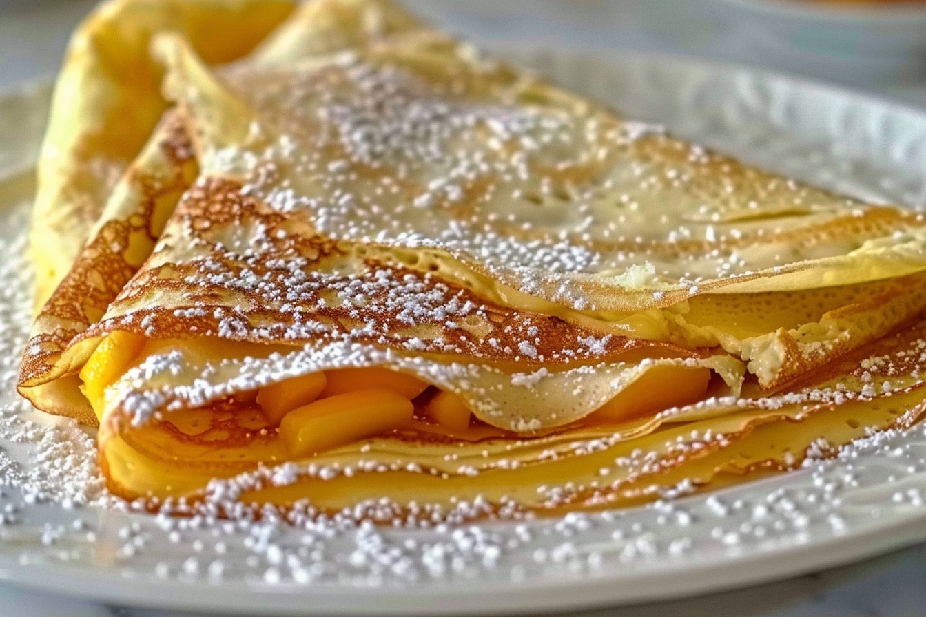 A large white oval ceramic serving tray beautifully arranged with a generous pile of thin, golden crepes folded delicately, filled with a rich, smooth lemon custard visible at the edges, lightly dusted with powdered sugar for an elegant finish. The crepes glisten under soft natural light, hinting at their tender texture, set on a pristine white marble kitchen countertop. The whole presentation exudes a fresh, inviting atmosphere typical of high-end food magazines, emphasizing indulgence and sophistication. REALISTIC STYLE IMAGE | TAGS: High-end food photography, clean composition, dramatic lighting, luxurious, elegant, mouth-watering, indulgent, gourmet | CAMERA: Nikon Z7 | FOCAL LENGTH: 50mm | SHOT TYPE: Close-up | COMPOSITION: 3/4 angle | LIGHTING: Soft directional light | PRODUCTION: Food Stylist | TIME: Daytime | LOCATION TYPE: Kitchen near windows --stylize 150 --ar 4:5