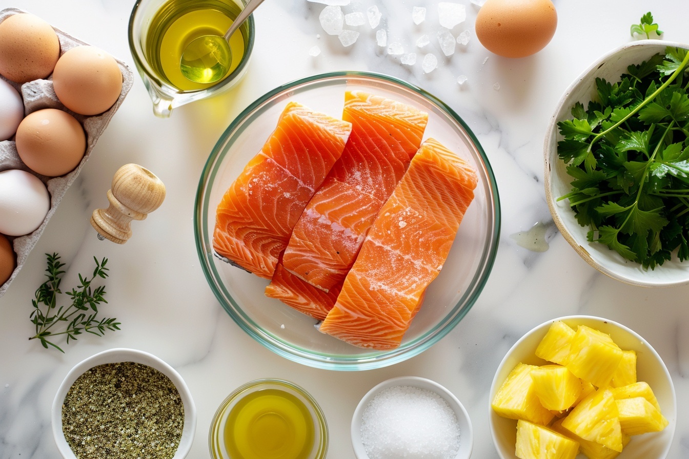 Single white plate featuring one perfectly cooked salmon fillet glazed with a rich, caramelized pineapple sauce, topped with vibrant golden pineapple chunks and sprinkled with finely chopped fresh herbs, close-up angle emphasizing moist, flaky interior texture and glistening glaze capturing the depth of the marinade, placed on white marble surface with soft natural lighting showcasing the glossy, inviting finish, styled for an elegant gourmet presentation. REALISTIC STYLE IMAGE| TAGS: High-end food photography, clean composition, dramatic lighting, luxurious, elegant, mouth-watering, indulgent, gourmet | CAMERA: Nikon Z7 | FOCAL LENGTH: 50mm | SHOT TYPE: Close-up | COMPOSITION: 3/4 angle | LIGHTING: Soft directional light | PRODUCTION: Food Stylist | TIME: Daytime I LOCATION TYPE: Kitchen near windows --stylize 150 --ar 4:5