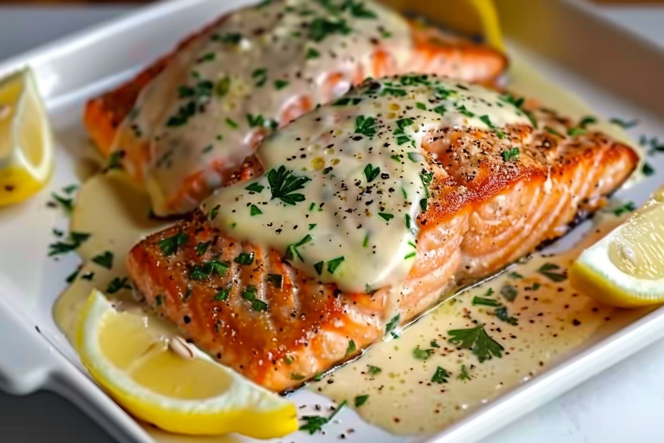 A large white rectangular baking dish filled with perfectly baked salmon fillets topped with rich, creamy melted herb-infused cheese sauce, garnished generously with fresh chopped parsley and whole lemon wedges on the side, the entire dish set against a pristine white marble kitchen countertop. The salmon has a golden crust with flecks of black pepper, and the cheese sauce is elegantly bubbling, highlighting a luxurious and indulgent seafood casserole presentation. The shot is captured from a 3/4 angle under soft, natural directional light filtering through kitchen windows, emphasizing a gourmet and mouth-watering appeal. REALISTIC STYLE IMAGE| TAGS: High-end food photography, clean composition, dramatic lighting, luxurious, elegant, mouth-watering, indulgent, gourmet | CAMERA: Nikon Z7 | FOCAL LENGTH: 50mm | SHOT TYPE: Close-up | COMPOSITION: 3/4 angle | LIGHTING: Soft directional light | PRODUCTION: Food Stylist | TIME: Daytime I LOCATION TYPE: Kitchen near windows --stylize 150 --ar 4:5