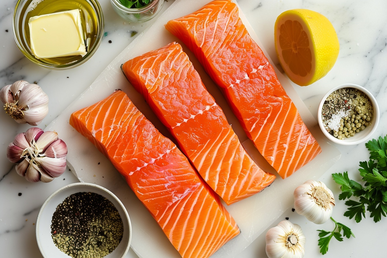 Single white rectangular plate featuring one perfectly cooked salmon fillet topped with a creamy herb sauce, showcasing the flaky interior texture of the salmon with visible seasoning and finely chopped parsley sprinkled on top, accompanied by two neatly arranged lemon wedges on the side, close-up 3/4 angle revealing the glistening surface of the fish and sauce, natural soft directional daylight illuminating the dish on a white marble countertop, styled with elegance and mouth-watering appeal, ready to enjoy. REALISTIC STYLE IMAGE| TAGS: High-end food photography, clean composition, dramatic lighting, luxurious, elegant, mouth-watering, indulgent, gourmet | CAMERA: Nikon Z7 | FOCAL LENGTH: 50mm | SHOT TYPE: Close-up | COMPOSITION: 3/4 angle | LIGHTING: Soft directional light | PRODUCTION: Food Stylist | TIME: Daytime I LOCATION TYPE: Kitchen near windows --stylize 150 --ar 4:5