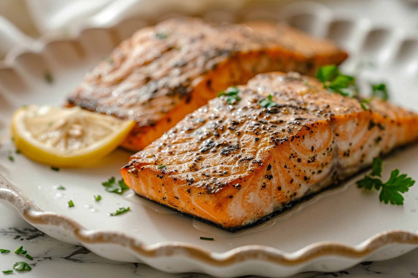 A large white rectangular baking dish filled with perfectly roasted whole salmon fillets seasoned with cracked black pepper, paprika, and herbs, the surface golden and slightly charred to showcase a flavorful crust. The salmon pieces are arranged in the baking dish, glistening with natural oils and juices, accompanied by fresh lemon wedges and sprigs of parsley placed artfully around the edges. The entire dish is captured from a 3/4 angle, set on a pristine white marble kitchen countertop with natural daylight filtering through nearby windows, creating soft directional lighting that highlights the rich colors and textures of the fish. The scene exudes a luxurious and elegant vibe, styled for a high-end food magazine hero shot, evoking a mouth-watering, gourmet presentation. REALISTIC STYLE IMAGE| TAGS: High-end food photography, clean composition, dramatic lighting, luxurious, elegant, mouth-watering, indulgent, gourmet | CAMERA: Nikon Z7 | FOCAL LENGTH: 50mm | SHOT TYPE: Close-up | COMPOSITION: 3/4 angle | LIGHTING: Soft directional light | PRODUCTION: Food Stylist | TIME: Daytime I LOCATION TYPE: Kitchen near windows --stylize 150 --ar 4:5