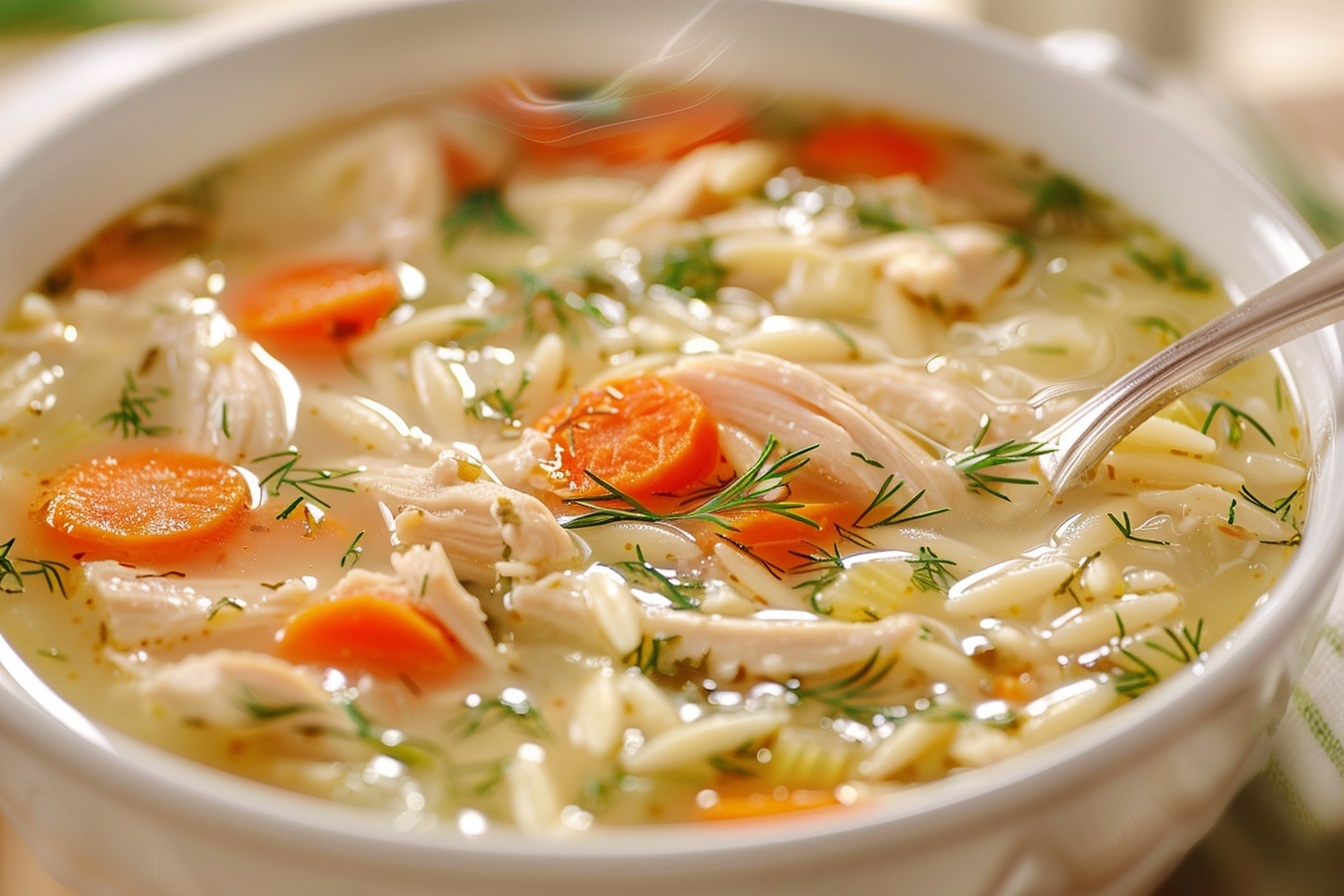 Large white ceramic bowl filled with creamy homemade chicken and orzo soup, showcasing tender shredded chicken, bright orange carrot slices, and fresh dill sprinkled generously on top, the soup broth rich and inviting with a delicate herb garnish, entire bowl captured from a 3/4 angle on a white marble kitchen countertop with natural soft directional daylight illuminating the textures, styled for a gourmet food magazine hero shot, exuding warmth and comfort perfect for a cozy meal REALISTIC STYLE IMAGE| TAGS: High-end food photography, clean composition, dramatic lighting, luxurious, elegant, mouth-watering, indulgent, gourmet | CAMERA: Nikon Z7 | FOCAL LENGTH: 50mm | SHOT TYPE: Close-up | COMPOSITION: 3/4 angle | LIGHTING: Soft directional light | PRODUCTION: Food Stylist | TIME: Daytime I LOCATION TYPE: Kitchen near windows --stylize 150 --ar 4:5
