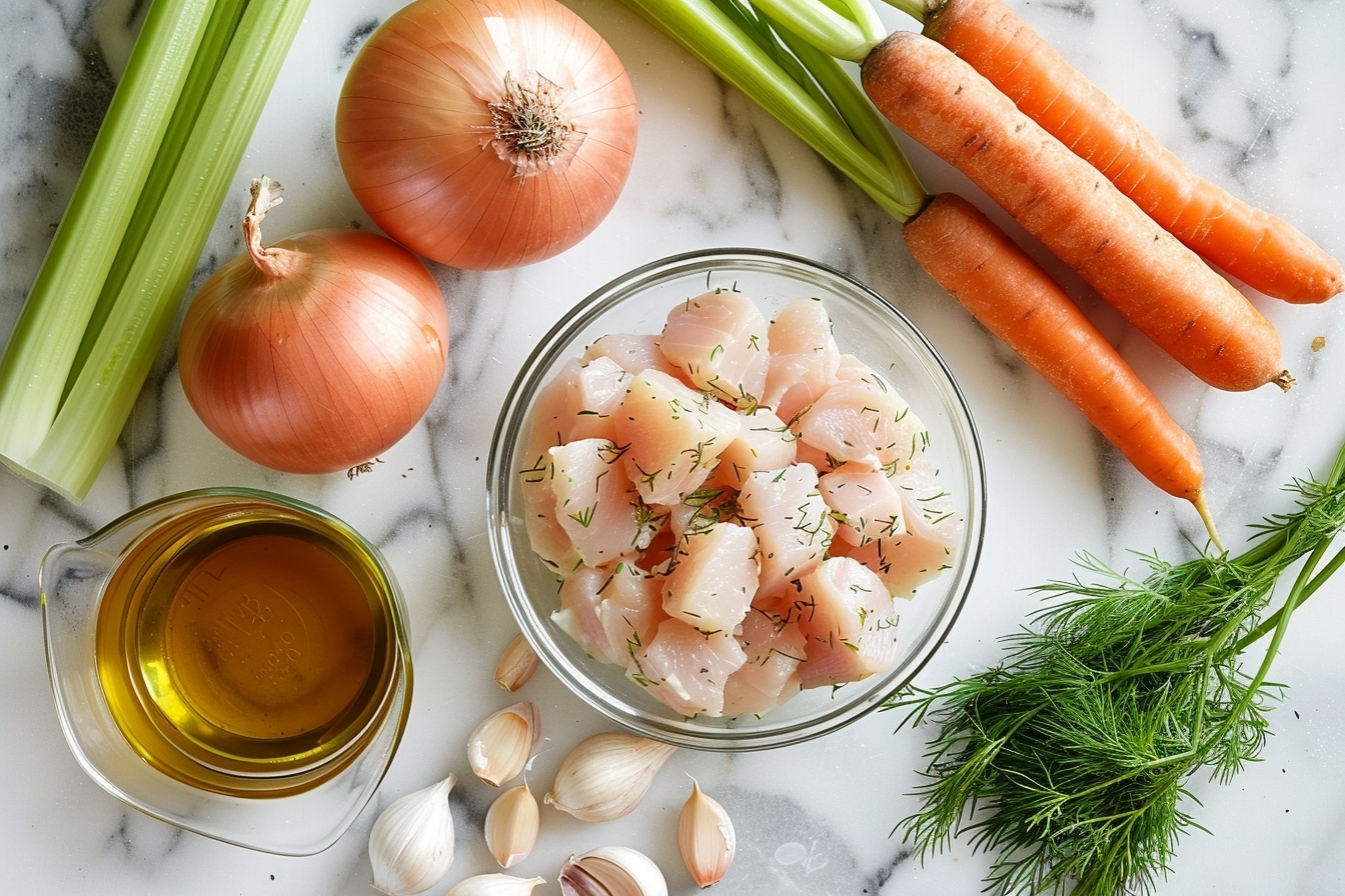 Single white bowl with a generous serving of creamy chicken and orzo soup, highlighting tender shredded chicken pieces, small orzo pasta, vibrant carrot slices, and fresh dill leaves floating throughout the rich broth, close-up 3/4 angle revealing the textures and warmth of the soup, placed on a white marble surface, natural soft directional light enhancing the homemade comfort look, styled elegantly to evoke gourmet appeal, steam gently rising, intimate plated serving from a food blog style REALISTIC STYLE IMAGE| TAGS: High-end food photography, clean composition, dramatic lighting, luxurious, elegant, mouth-watering, indulgent, gourmet | CAMERA: Nikon Z7 | FOCAL LENGTH: 50mm | SHOT TYPE: Close-up | COMPOSITION: 3/4 angle | LIGHTING: Soft directional light | PRODUCTION: Food Stylist | TIME: Daytime I LOCATION TYPE: Kitchen near windows --stylize 150  --ar 4:5