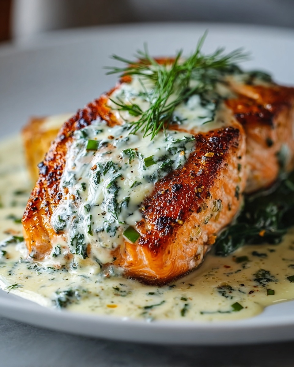 White oval ceramic serving tray generously filled with an entire batch of perfectly seared salmon fillets, each topped with a luscious creamy spinach and herb sauce, garnished with fresh dill sprigs, the salmon's golden crust glistening under natural daylight, arranged beautifully on a white marble kitchen countertop, styled as a high-end gourmet presentation, shot from a 3/4 angle to capture the texture and richness of the full dish, inviting and indulgent REALISTIC STYLE IMAGE| TAGS: High-end food photography, clean composition, dramatic lighting, luxurious, elegant, mouth-watering, indulgent, gourmet | CAMERA: Nikon Z7 | FOCAL LENGTH: 50mm | SHOT TYPE: Close-up | COMPOSITION: 3/4 angle | LIGHTING: Soft directional light | PRODUCTION: Food Stylist | TIME: Daytime I LOCATION TYPE: Kitchen near windows --stylize 150 --ar 4:5