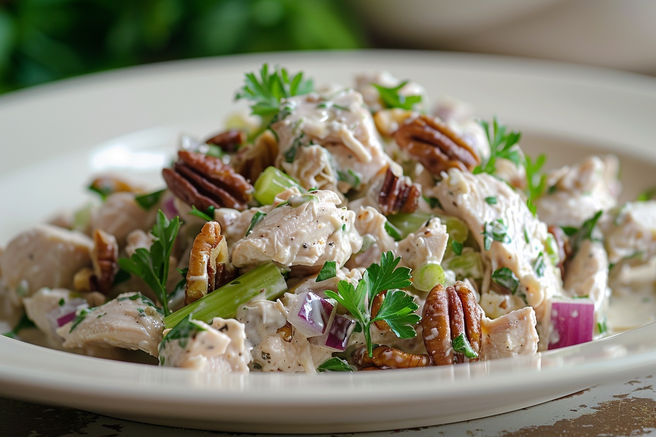 Large white bowl filled with creamy chicken salad mixed with crisp celery, red onion chunks, and chopped pecans, garnished with fresh herbs, whole dish presented on a white marble kitchen countertop, natural lighting highlighting the textures and colors, professional food styling, photographed from a 3/4 angle to showcase the generous, indulgent portion --stylize 150 --ar 4:5 REALISTIC STYLE IMAGE| TAGS: High-end food photography, clean composition, dramatic lighting, luxurious, elegant, mouth-watering, indulgent, gourmet | CAMERA: Nikon Z7 | FOCAL LENGTH: 50mm | SHOT TYPE: Close-up | COMPOSITION: 3/4 angle | LIGHTING: Soft directional light | PRODUCTION: Food Stylist | TIME: Daytime I LOCATION TYPE: Kitchen near windows --stylize 150 --ar 4:5