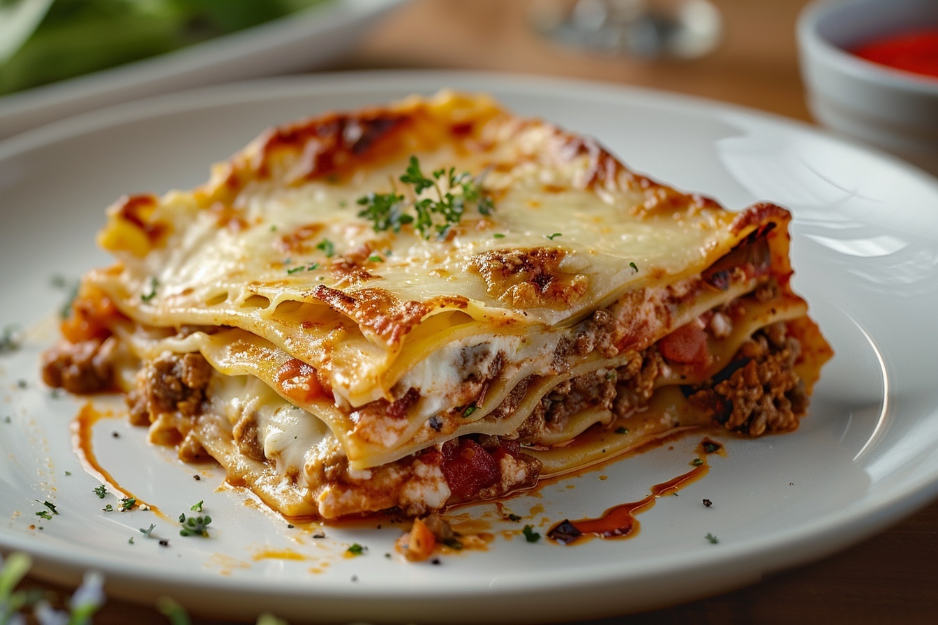 Large white rectangular baking dish filled with a whole, freshly baked classic lasagna featuring perfectly layered sheets of pasta, rich meaty tomato sauce, and creamy melted cheese with golden bubbles on top, sprinkled with fresh herbs, presented on a white marble kitchen countertop under natural daylight, captured in a professional 3/4 angle food magazine style hero shot, showcasing the entire uncut lasagna as a luxurious and mouth-watering gourmet meal. REALISTIC STYLE IMAGE| TAGS: High-end food photography, clean composition, dramatic lighting, luxurious, elegant, mouth-watering, indulgent, gourmet | CAMERA: Nikon Z7 | FOCAL LENGTH: 50mm | SHOT TYPE: Close-up | COMPOSITION: 3/4 angle | LIGHTING: Soft directional light | PRODUCTION: Food Stylist | TIME: Daytime I LOCATION TYPE: Kitchen near windows --stylize 150 --ar 4:5