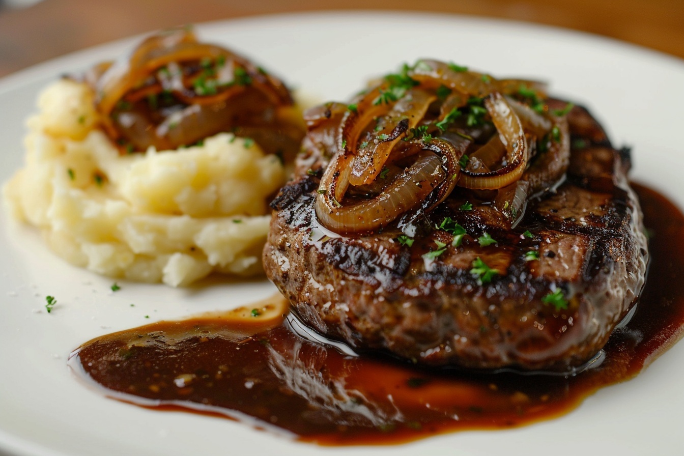 Salisbury Steak with Mushroom Gravy Recipe 6 Large white ceramic baking dish filled with a whole hearty serving of golden-brown pork chops generously covered in a smooth, creamy mushroom gravy with sautéed whole mushroom slices and finely chopped fresh parsley scattered on top, the entire dish presented from a 3/4 angle on a white marble kitchen countertop with natural soft directional daylight illuminating the glistening sauce and tender meat, styled professionally to evoke a luxurious and indulgent gourmet meal ready to be served. REALISTIC STYLE IMAGE| TAGS: High-end food photography, clean composition, dramatic lighting, luxurious, elegant, mouth-watering, indulgent, gourmet | CAMERA: Nikon Z7 | FOCAL LENGTH: 50mm | SHOT TYPE: Close-up | COMPOSITION: 3/4 angle | LIGHTING: Soft directional light | PRODUCTION: Food Stylist | TIME: Daytime I LOCATION TYPE: Kitchen near windows --stylize 150 --ar 4:5