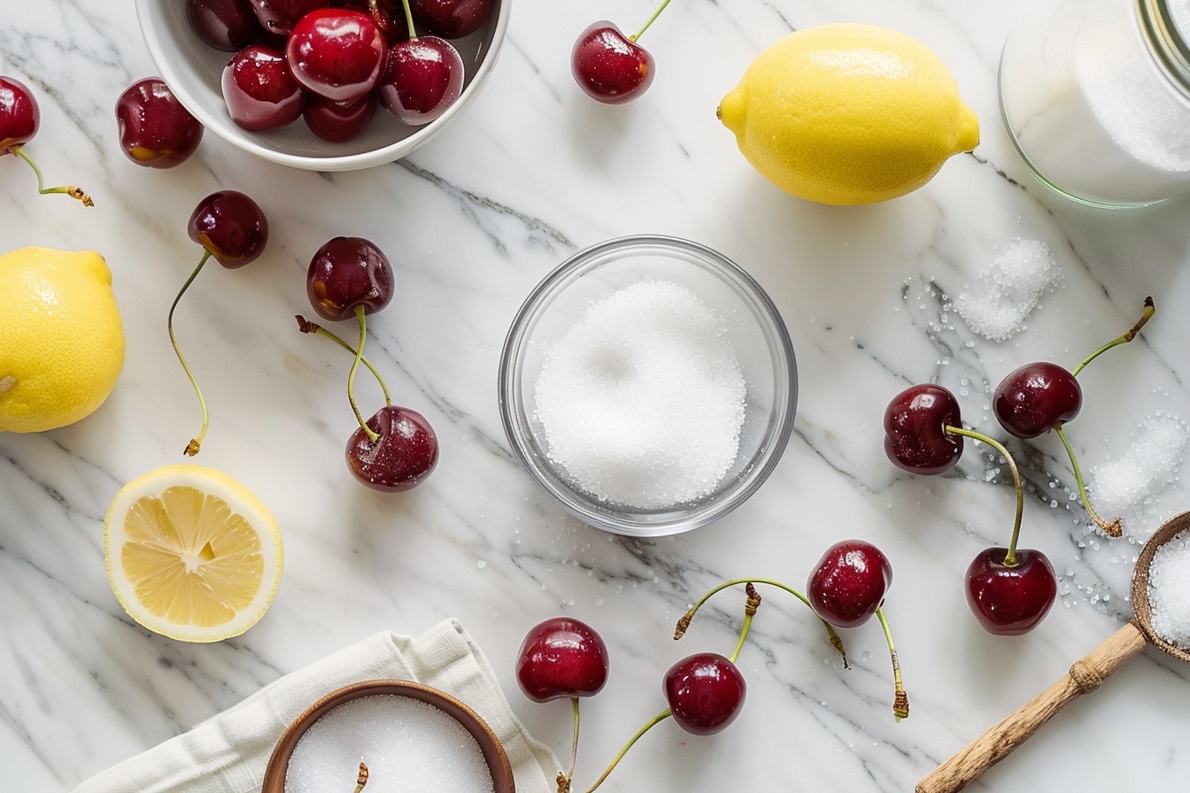 A large white ceramic jar filled with rich, dark cherry jam, the jar completely full with a smooth, glossy surface visible on top, surrounded by fresh whole cherries and green cherry leaves artfully arranged around the base on a pristine white marble countertop, a black and white checkered linen cloth casually draped beneath the jar for texture and contrast, natural daylight softly illuminating the scene to highlight the shiny, luscious finish of the jam and the vibrant green foliage, the entire scene captured from a 3/4 angle to emphasize the depth and fullness of the jar. REALISTIC STYLE IMAGE| TAGS: High-end food photography, clean composition, dramatic lighting, luxurious, elegant, mouth-watering, indulgent, gourmet | CAMERA: Nikon Z7 | FOCAL LENGTH: 50mm | SHOT TYPE: Close-up | COMPOSITION: 3/4 angle | LIGHTING: Soft directional light | PRODUCTION: Food Stylist | TIME: Daytime I LOCATION TYPE: Kitchen near windows --stylize 150 --ar 4:5