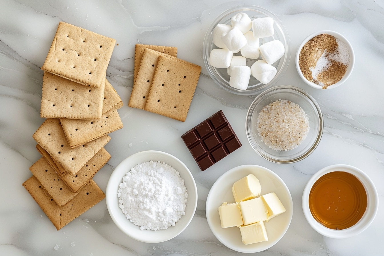A large white rectangular ceramic serving tray filled with a neatly arranged assortment of classic s’mores featuring golden toasted graham crackers layered with rich chocolate and vibrant pink, yellow, and white marshmallow peeps, all whole and unassembled for a playful and colorful presentation. The tray is placed on a white marble kitchen countertop with natural soft directional light illuminating the texture of the graham crackers and the fluffy marshmallow shapes, styled as a luxurious, indulgent, and mouth-watering holiday treat display. Professional food stylist arrangement capturing a gourmet, clean composition photograph from a 3/4 angle, shot with a Nikon Z7, 50mm focal length during daytime near kitchen windows. REALISTIC STYLE IMAGE | TAGS: High-end food photography, clean composition, dramatic lighting, luxurious, elegant, mouth-watering, indulgent, gourmet | CAMERA: Nikon Z7 | FOCAL LENGTH: 50mm | SHOT TYPE: Close-up | COMPOSITION: 3/4 angle | LIGHTING: Soft directional light | PRODUCTION: Food Stylist | TIME: Daytime I LOCATION TYPE: Kitchen near windows --stylize 150 --ar 4:5
