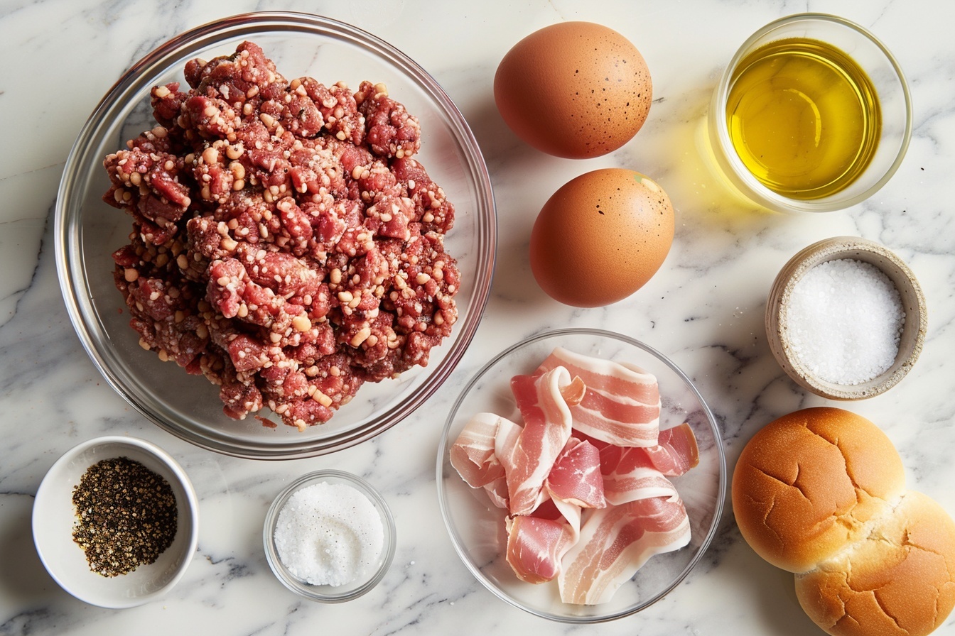 A whole large gourmet burger presented on a pristine white plate, showcasing a perfectly toasted golden bun with a lightly textured top. Inside, two thick, juicy, well-seasoned beef patties stacked with crispy bacon strips, melted cheddar cheese oozing gently over the meat, fresh red onion rings, and a bed of vibrant green microgreens at the base. The entire burger retains a tall, enticing stature, photographed from a 3/4 angle to highlight its layers and textures. The background features a white marble kitchen surface bathed in natural daylight, styled professionally to evoke a high-end food magazine hero shot. REALISTIC STYLE IMAGE| TAGS: High-end food photography, clean composition, dramatic lighting, luxurious, elegant, mouth-watering, indulgent, gourmet | CAMERA: Nikon Z7 | FOCAL LENGTH: 50mm | SHOT TYPE: Close-up | COMPOSITION: 3/4 angle | LIGHTING: Soft directional light | PRODUCTION: Food Stylist | TIME: Daytime I LOCATION TYPE: Kitchen near windows --stylize 150 --ar 4:5