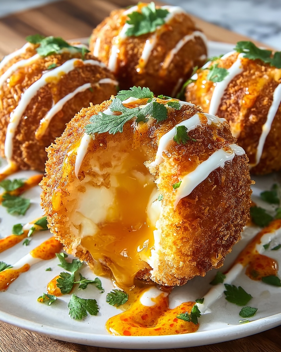 A large white oval ceramic serving tray filled with a bunch of perfectly golden, crispy fried croquettes, each coated with crunchy breadcrumbs and topped with a glossy drizzle of bright orange chili sauce, scattered with fresh chopped cilantro for a burst of green. The croquettes are whole, uncut, arranged in an inviting cluster, highlighting the crunchy texture and vibrant garnishes, set against a pristine white marble kitchen countertop under soft natural light, styled to perfection like a premium food magazine hero shot. REALISTIC STYLE IMAGE| TAGS: High-end food photography, clean composition, dramatic lighting, luxurious, elegant, mouth-watering, indulgent, gourmet | CAMERA: Nikon Z7 | FOCAL LENGTH: 50mm | SHOT TYPE: Close-up | COMPOSITION: 3/4 angle | LIGHTING: Soft directional light | PRODUCTION: Food Stylist | TIME: Daytime I LOCATION TYPE: Kitchen near windows --stylize 150 --ar 4:5