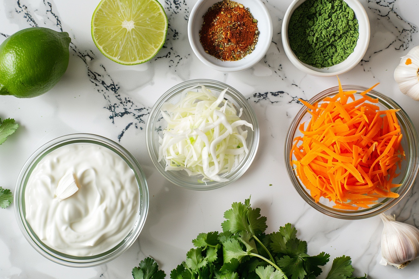 A single white bowl filled with a vibrant serving of fresh coleslaw featuring finely shredded purple and green cabbage, crisp carrot sticks, and bright green parsley leaves, all tossed in a creamy dressing that lightly coats each colorful vegetable strand, close-up 3/4 angle reveal of textures and freshness, placed on a white marble surface with natural soft directional light highlighting the crispness and vibrant hues, styled elegantly as an inviting, mouth-watering single plated portion ready to eat, perfect for a gourmet food blog presentation. REALISTIC STYLE IMAGE| TAGS: High-end food photography, clean composition, dramatic lighting, luxurious, elegant, mouth-watering, indulgent, gourmet | CAMERA: Nikon Z7 | FOCAL LENGTH: 50mm | SHOT TYPE: Close-up | COMPOSITION: 3/4 angle | LIGHTING: Soft directional light | PRODUCTION: Food Stylist | TIME: Daytime I LOCATION TYPE: Kitchen near windows --stylize 150  --ar 4:5