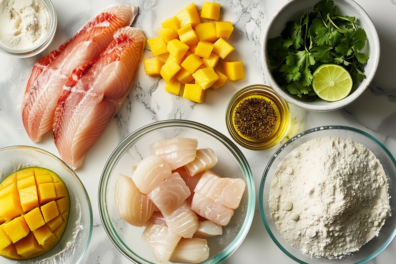 Single white plate beautifully presenting one crispy fried fish taco filled with a golden, crunchy battered fish fillet, topped generously with vibrant mango salsa featuring diced mango, red onion, cilantro, and red chili, close-up shot capturing the detailed textures of the crispy fish and fresh salsa, with a slight fold of the soft white corn tortilla revealing the juicy, colorful interior, all placed on a white marble surface, styled with natural daylight filtering in from a nearby window, evoking an inviting and fresh gourmet meal ready to be enjoyed. REALISTIC STYLE IMAGE| TAGS: High-end food photography, clean composition, dramatic lighting, luxurious, elegant, mouth-watering, indulgent, gourmet | CAMERA: Nikon Z7 | FOCAL LENGTH: 50mm | SHOT TYPE: Close-up | COMPOSITION: 3/4 angle | LIGHTING: Soft directional light | PRODUCTION: Food Stylist | TIME: Daytime I LOCATION TYPE: Kitchen near windows --stylize 150  --ar 4:5