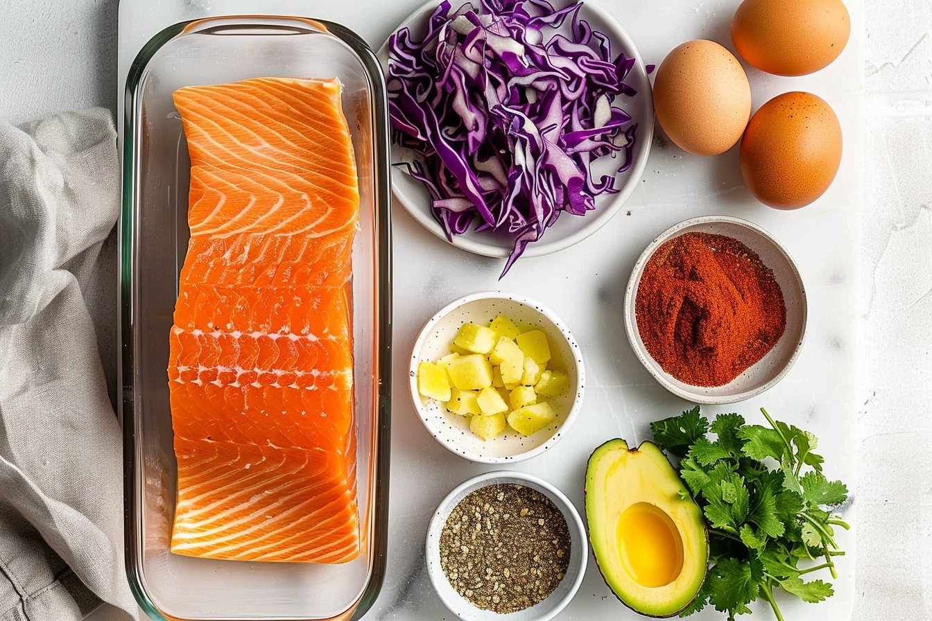 Single white plate featuring one perfectly folded soft corn tortilla taco filled with a substantial piece of charred, flaky salmon, topped with bright yellow grilled pineapple chunks, finely shredded purple cabbage, fresh cilantro leaves, and a drizzle of creamy orange chipotle sauce, close-up shot highlighting the texture of the salmon and the vibrant colors of the toppings, garnished with a lime wedge on the side, arranged on a white marble surface, styled like a gourmet food blog serving, intimate and appetizing presentation. REALISTIC STYLE IMAGE| TAGS: High-end food photography, clean composition, dramatic lighting, luxurious, elegant, mouth-watering, indulgent, gourmet | CAMERA: Nikon Z7 | FOCAL LENGTH: 50mm | SHOT TYPE: Close-up | COMPOSITION: 3/4 angle | LIGHTING: Soft directional light | PRODUCTION: Food Stylist | TIME: Daytime I LOCATION TYPE: Kitchen near windows --stylize 150 --ar 4:5