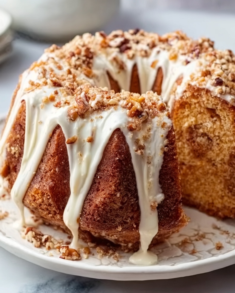 A whole classic bundt cake in its entirety, presented on a white ceramic cake stand, generously glazed with smooth, thick white icing cascading down the sides, topped with an even sprinkling of crunchy chopped nuts that add texture and contrast, the cake’s golden-brown crust evenly baked to perfection, glowing warmly under soft natural light. The scene is captured at a 3/4 angle, showing the entire ring-shaped cake against a clean, white marble kitchen countertop with subtle natural daylight streaming in from nearby windows, styled to highlight the cake’s moist texture and glossy glaze in a luxurious, glossy food magazine hero shot. REALISTIC STYLE IMAGE| TAGS: High-end food photography, clean composition, dramatic lighting, luxurious, elegant, mouth-watering, indulgent, gourmet | CAMERA: Nikon Z7 | FOCAL LENGTH: 50mm | SHOT TYPE: Close-up | COMPOSITION: 3/4 angle | LIGHTING: Soft directional light | PRODUCTION: Food Stylist | TIME: Daytime I LOCATION TYPE: Kitchen near windows --stylize 150 --ar 4:5
