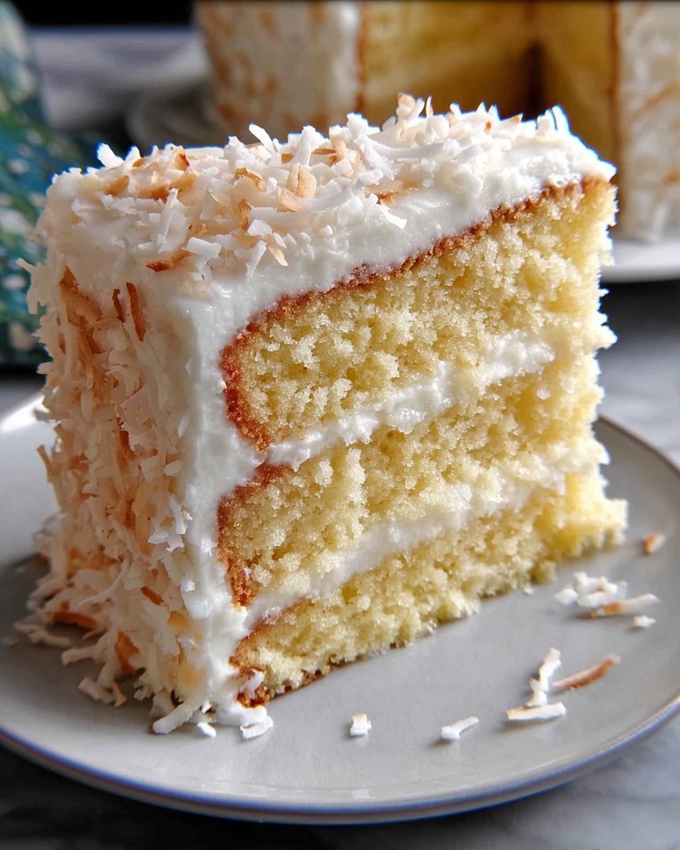 Whole round coconut cake presented on a large white ceramic plate, fully frosted with smooth creamy white icing and generously topped and edged with toasted coconut flakes, the full intact cake captured from a 3/4 angle on a white marble kitchen counter with natural soft directional daylight illuminating its fluffy layers and delicate texture, styled elegantly as a gourmet dessert centerpiece, exuding a luxurious and indulgent appeal in a professional high-end food photography setup. REALISTIC STYLE IMAGE| TAGS: High-end food photography, clean composition, dramatic lighting, luxurious, elegant, mouth-watering, indulgent, gourmet | CAMERA: Nikon Z7 | FOCAL LENGTH: 50mm | SHOT TYPE: Close-up | COMPOSITION: 3/4 angle | LIGHTING: Soft directional light | PRODUCTION: Food Stylist | TIME: Daytime I LOCATION TYPE: Kitchen near windows --stylize 150 --ar 4:5