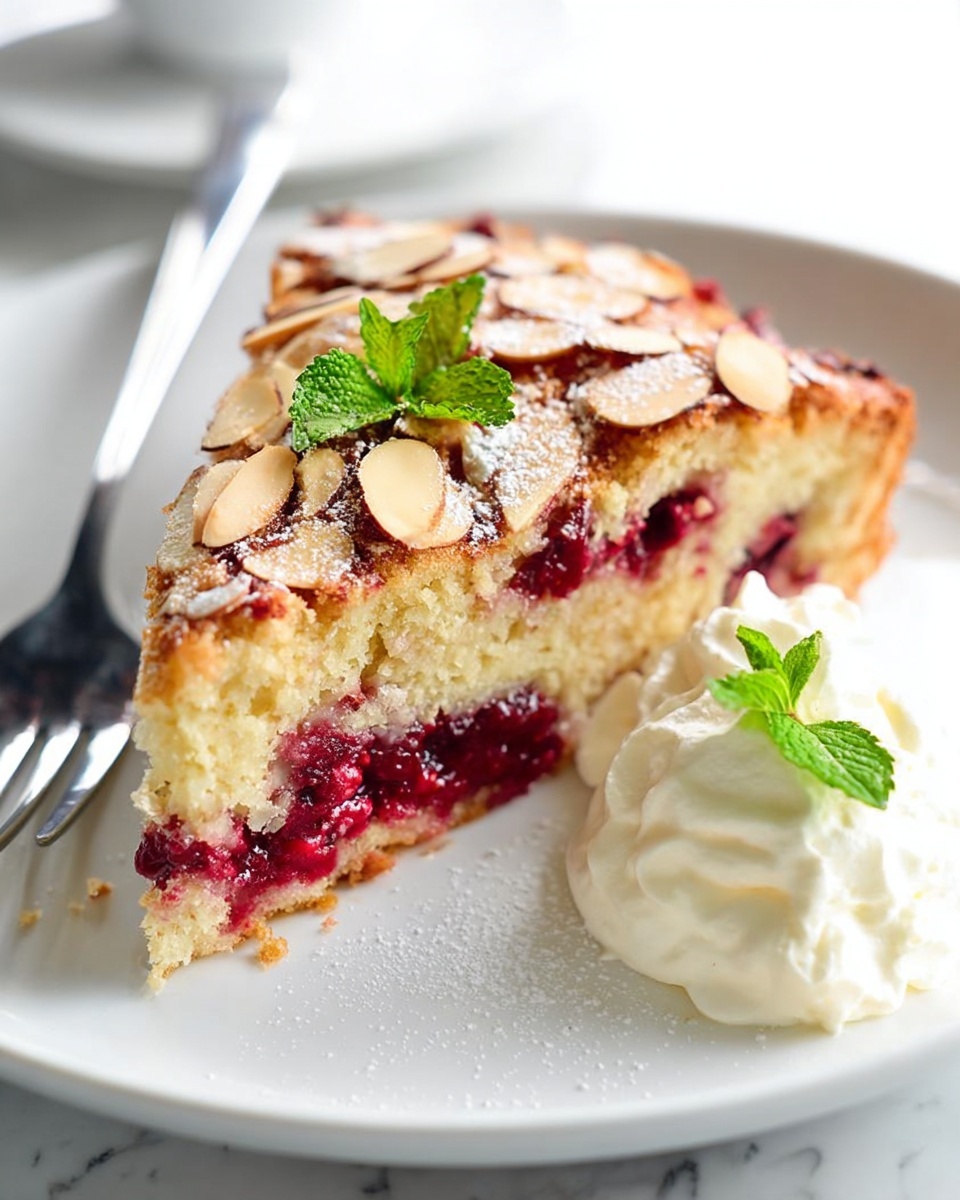 A whole uncut round almond and berry cake, generously topped with toasted sliced almonds and scattered fresh raspberries, presented on a pristine white plate, photographed from a 3/4 angle to capture the full, rustic texture of the golden crust and vibrant berries, set against a white marble kitchen counter with soft natural daytime lighting highlighting the cake’s inviting, artisanal appearance. REALISTIC STYLE IMAGE| TAGS: High-end food photography, clean composition, dramatic lighting, luxurious, elegant, mouth-watering, indulgent, gourmet | CAMERA: Nikon Z7 | FOCAL LENGTH: 50mm | SHOT TYPE: Close-up | COMPOSITION: 3/4 angle | LIGHTING: Soft directional light | PRODUCTION: Food Stylist | TIME: Daytime I LOCATION TYPE: Kitchen near windows --stylize 150 --ar 4:5