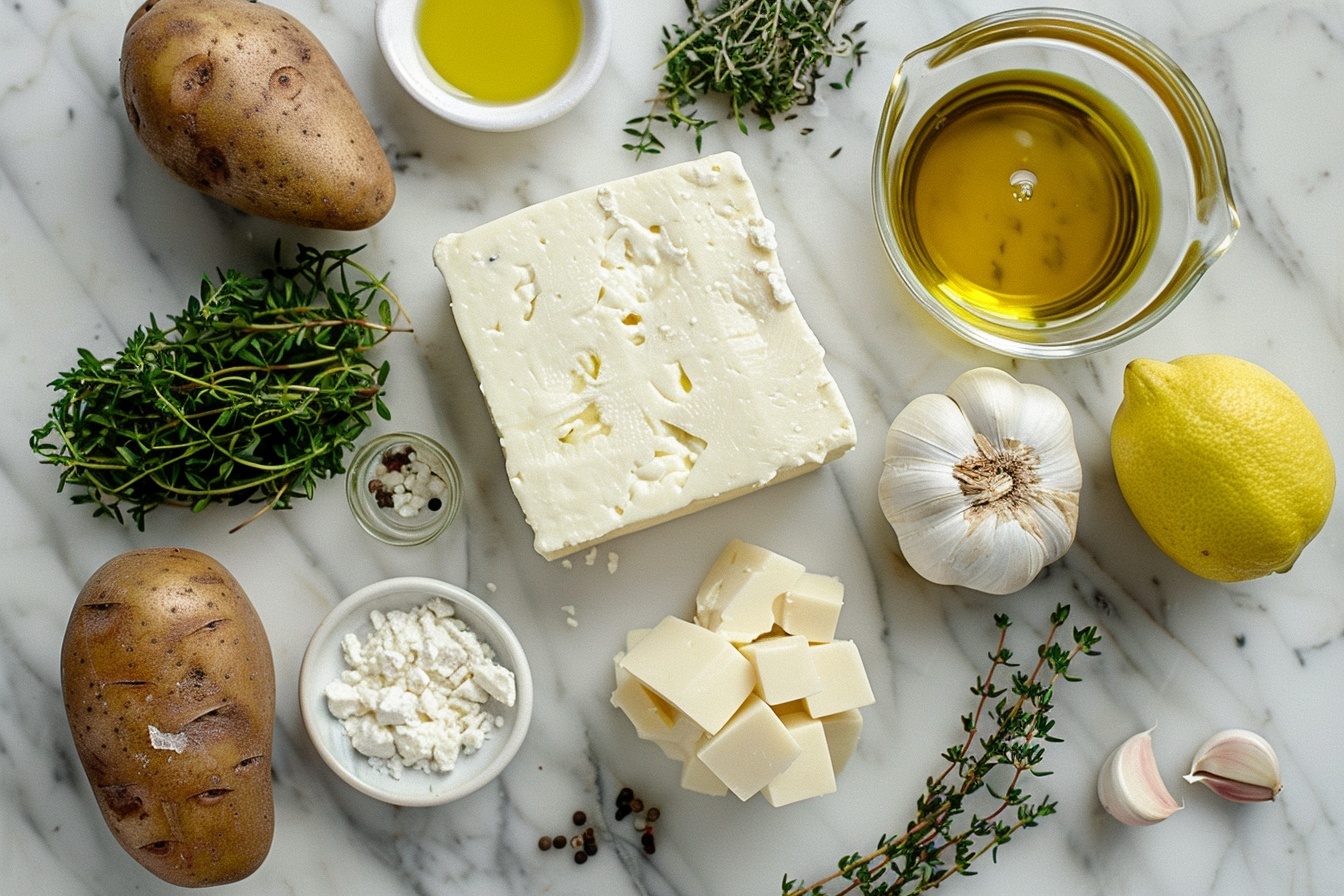 Single white plate featuring a generous plated portion of roasted golden baby potatoes, halved and perfectly crisped, topped with creamy, crumbly feta cheese chunks and fresh sprigs of thyme, an angled close-up reveals the tender, fluffy interior of the potatoes contrasted with the slightly charred, seasoned skins. The natural lighting highlights the glistening herbs and cheese atop the warm potatoes, placed on a pristine white marble surface, styled for an intimate food blog photo showcasing depth, texture, and a mouth-watering finish. REALISTIC STYLE IMAGE| TAGS: High-end food photography, clean composition, dramatic lighting, luxurious, elegant, mouth-watering, indulgent, gourmet | CAMERA: Nikon Z7 | FOCAL LENGTH: 50mm | SHOT TYPE: Close-up | COMPOSITION: 3/4 angle | LIGHTING: Soft directional light | PRODUCTION: Food Stylist | TIME: Daytime I LOCATION TYPE: Kitchen near windows --stylize 150  --ar 4:5