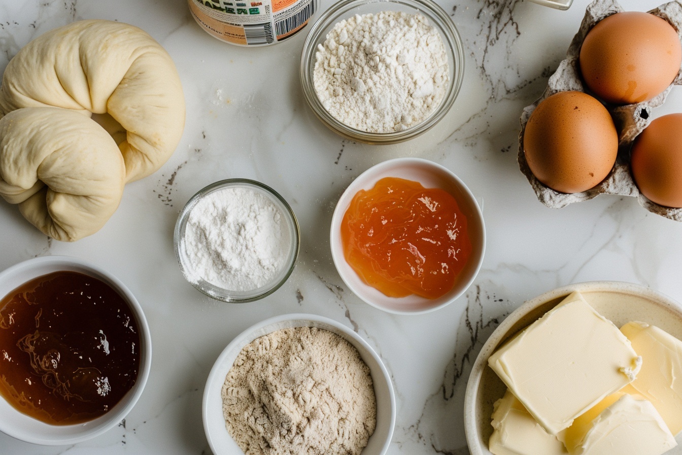 A single white plate featuring one delicate fruit Danish pastry, showcasing its intricate flaky layers and golden-brown exterior. The pastry is impeccably shaped into a spiral with visible airy, buttery layers, topped with a glossy dollop of vibrant peach preserve in the center, surrounded by a light dusting of powdered sugar that accentuates the texture. The close-up 3/4 angle highlights the crisp edges and soft, tender interior layers, all set against a pristine white marble background with natural daylight enhancing the subtle buttery sheen. The composition evokes a refined, gourmet bakery feel, styled with precision for an intimate, mouth-watering presentation. REALISTIC STYLE IMAGE| TAGS: High-end food photography, clean composition, dramatic lighting, luxurious, elegant, mouth-watering, indulgent, gourmet | CAMERA: Nikon Z7 | FOCAL LENGTH: 50mm | SHOT TYPE: Close-up | COMPOSITION: 3/4 angle | LIGHTING: Soft directional light | PRODUCTION: Food Stylist | TIME: Daytime I LOCATION TYPE: Kitchen near windows --stylize 150 --ar 4:5