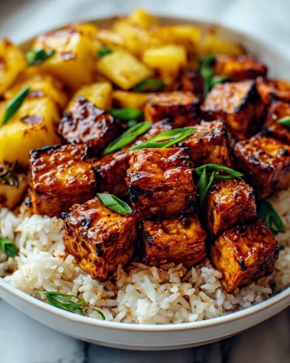 A large white oval serving tray filled with whole glazed tofu cubes and thick roasted pineapple chunks arranged over a generous bed of fluffy seasoned brown rice, garnished with finely chopped fresh green onions scattered evenly across the entire dish, showcasing a vibrant contrast of golden-brown tofu and bright yellow pineapple. The whole dish is captured in a 3/4 angle shot on a pristine white marble kitchen countertop, bathed in natural soft directional daylight streaming through a nearby window, styled by a professional food stylist to emphasize the glossy, caramelized tofu and juicy pineapple textures, evoking a luxurious, mouth-watering presentation perfect for a gourmet food magazine. REALISTIC STYLE IMAGE| TAGS: High-end food photography, clean composition, dramatic lighting, luxurious, elegant, mouth-watering, indulgent, gourmet | CAMERA: Nikon Z7 | FOCAL LENGTH: 50mm | SHOT TYPE: Close-up | COMPOSITION: 3/4 angle | LIGHTING: Soft directional light | PRODUCTION: Food Stylist | TIME: Daytime I LOCATION TYPE: Kitchen near windows --stylize 150 --ar 4:5