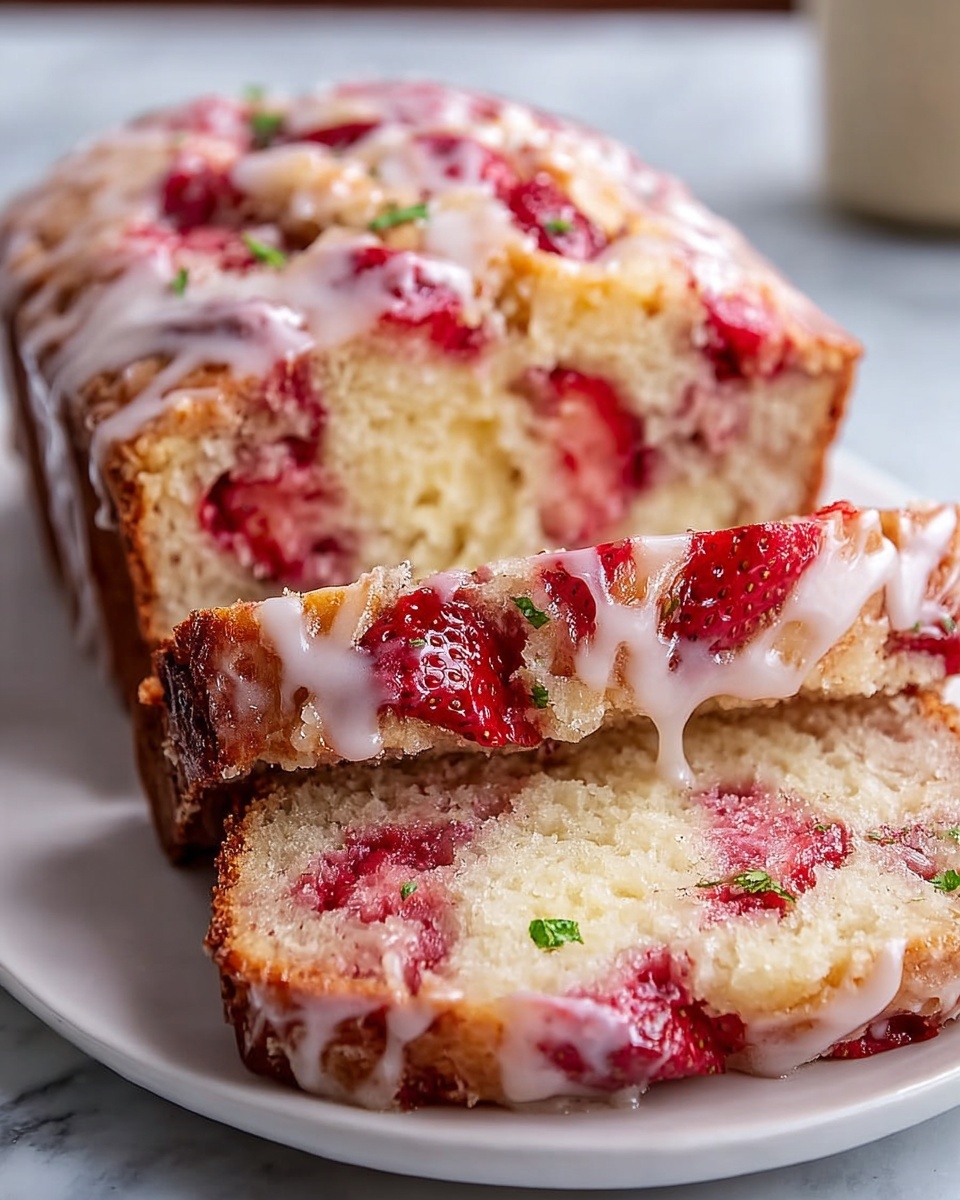 Whole rectangular loaf cake on a large white ceramic serving tray, golden-brown textured surface fully glazed with shiny white icing dripping gently down the sides, topped with an arrangement of fresh whole and halved strawberries scattered evenly across the entire loaf, garnished with small green mint leaves for a fresh pop of color, the full uncut cake shot from a 3/4 angle on a white marble kitchen countertop bathed in natural soft directional light, styled elegantly as a hero shot featuring high-end food photography with clean composition and a luxurious, mouth-watering presentation. REALISTIC STYLE IMAGE| TAGS: High-end food photography, clean composition, dramatic lighting, luxurious, elegant, mouth-watering, indulgent, gourmet | CAMERA: Nikon Z7 | FOCAL LENGTH: 50mm | SHOT TYPE: Close-up | COMPOSITION: 3/4 angle | LIGHTING: Soft directional light | PRODUCTION: Food Stylist | TIME: Daytime I LOCATION TYPE: Kitchen near windows --stylize 150 --ar 4:5
