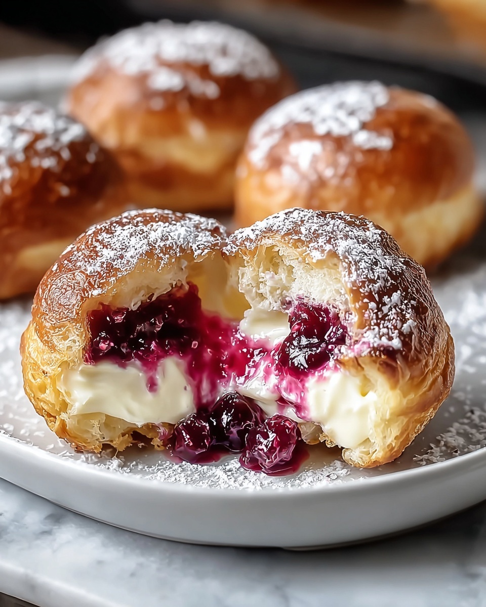 A large white oval ceramic serving tray filled with a generous bunch of small round pastries, each golden-brown and dusted evenly with powdered sugar, showcasing their smooth, creamy white filling with a vivid bright red berry topping peeking through, arranged neatly in multiple rows to display abundance and freshness, captured in a professional 3/4 angle shot on a white marble kitchen countertop under soft natural daylight streaming near windows, styled by a food professional to enhance the rich textures and vibrant colors, emphasizing the glossy berry contrast and light dusting, inviting and indulgent gourmet presentation. REALISTIC STYLE IMAGE| TAGS: High-end food photography, clean composition, dramatic lighting, luxurious, elegant, mouth-watering, indulgent, gourmet | CAMERA: Nikon Z7 | FOCAL LENGTH: 50mm | SHOT TYPE: Close-up | COMPOSITION: 3/4 angle | LIGHTING: Soft directional light | PRODUCTION: Food Stylist | TIME: Daytime I LOCATION TYPE: Kitchen near windows --stylize 150 --ar 4:5