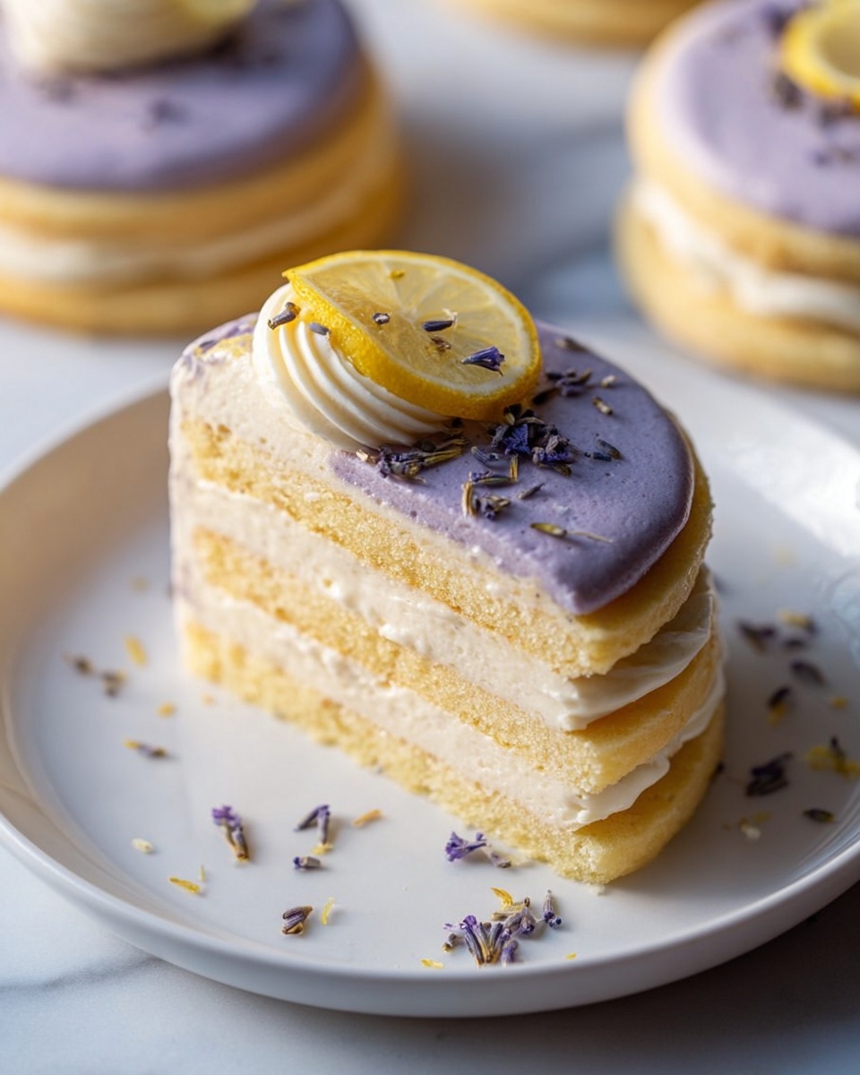 Lemon Lavender Sandwich Cookies Recipe 6 A white oval large ceramic serving tray elegantly arranged with a full dozen of lavender-infused lemon sandwich cookies, each cookie featuring two round golden lemon-flavored biscuits layered with smooth lavender cream, topped with a delicate swirl of lavender frosting, a thin dehydrated lemon slice, and a few tiny sprigs of fresh lavender flowers, the entire composition beautifully styled on a pristine white marble countertop under soft natural daylight, captured in a professional close-up 3/4 angle hero shot showcasing the entire incomplete cookie collection in a refined and mouth-watering setting. REALISTIC STYLE IMAGE| TAGS: High-end food photography, clean composition, dramatic lighting, luxurious, elegant, mouth-watering, indulgent, gourmet | CAMERA: Nikon Z7 | FOCAL LENGTH: 50mm | SHOT TYPE: Close-up | COMPOSITION: 3/4 angle | LIGHTING: Soft directional light | PRODUCTION: Food Stylist | TIME: Daytime I LOCATION TYPE: Kitchen near windows --stylize 150 --ar 4:5