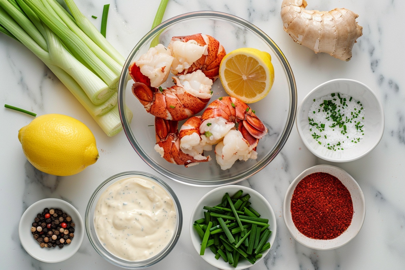 Single white bowl presenting a generous portion of creamy lobster salad, featuring plump, tender lobster chunks coated in a rich, herb-speckled dressing with vibrant green celery pieces for crunch, close-up angled view highlighting the juicy interior of the lobster and the textured sauce, garnished with finely chopped chives, steam gently rising, all placed on a pristine white marble surface, food styled to evoke an elegant and inviting gourmet meal ready to be enjoyed, natural daylight streaming in from kitchen windows --stylize 150  --ar 4:5 REALISTIC STYLE IMAGE| TAGS: High-end food photography, clean composition, dramatic lighting, luxurious, elegant, mouth-watering, indulgent, gourmet | CAMERA: Nikon Z7 | FOCAL LENGTH: 50mm | SHOT TYPE: Close-up | COMPOSITION: 3/4 angle | LIGHTING: Soft directional light | PRODUCTION: Food Stylist | TIME: Daytime I LOCATION TYPE: Kitchen near windows