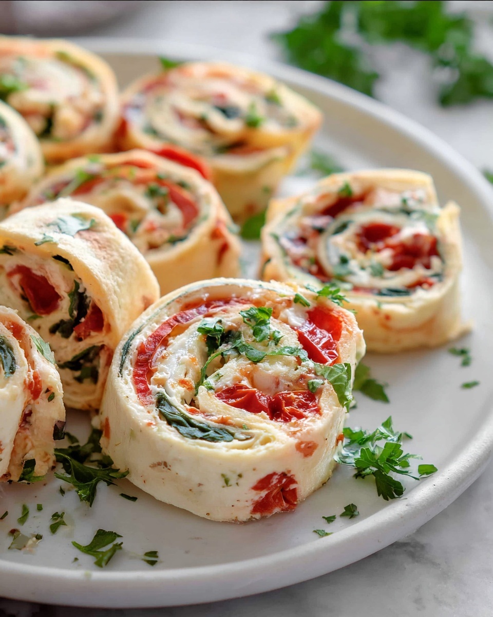 A large white oval ceramic serving tray plate filled with a generous assortment of vibrant red roasted pepper and cream cheese pinwheel rolls, each spiraled with fresh green herbs and creamy layers of cheese, arranged neatly and garnished with scattered fresh parsley leaves, all beautifully styled on a white marble kitchen countertop with soft natural daylight highlighting the textures and colors, in a high-end food magazine hero shot style. REALISTIC STYLE IMAGE| TAGS: High-end food photography, clean composition, dramatic lighting, luxurious, elegant, mouth-watering, indulgent, gourmet | CAMERA: Nikon Z7 | FOCAL LENGTH: 50mm | SHOT TYPE: Close-up | COMPOSITION: 3/4 angle | LIGHTING: Soft directional light | PRODUCTION: Food Stylist | TIME: Daytime I LOCATION TYPE: Kitchen near windows --stylize 150 --ar 4:5