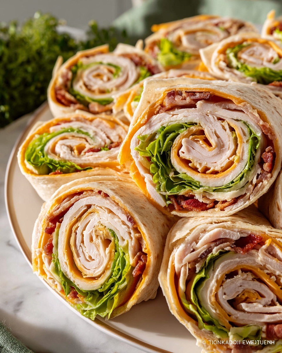 Large white oval ceramic serving tray filled with dozens of turkey and cheddar wrap pinwheels, each rolled tightly in a soft flour tortilla layered with sliced turkey, sharp cheddar cheese, fresh green lettuce, and crispy bacon bits, arranged neatly and densely to showcase the full platter of vibrant, colorful wraps, photographed from a 3/4 angle with natural daylight highlighting the textures and freshness, set against a white marble kitchen countertop, styled for a gourmet food magazine hero shot. REALISTIC STYLE IMAGE| TAGS: High-end food photography, clean composition, dramatic lighting, luxurious, elegant, mouth-watering, indulgent, gourmet | CAMERA: Nikon Z7 | FOCAL LENGTH: 50mm | SHOT TYPE: Close-up | COMPOSITION: 3/4 angle | LIGHTING: Soft directional light | PRODUCTION: Food Stylist | TIME: Daytime I LOCATION TYPE: Kitchen near windows --stylize 150 --ar 4:5