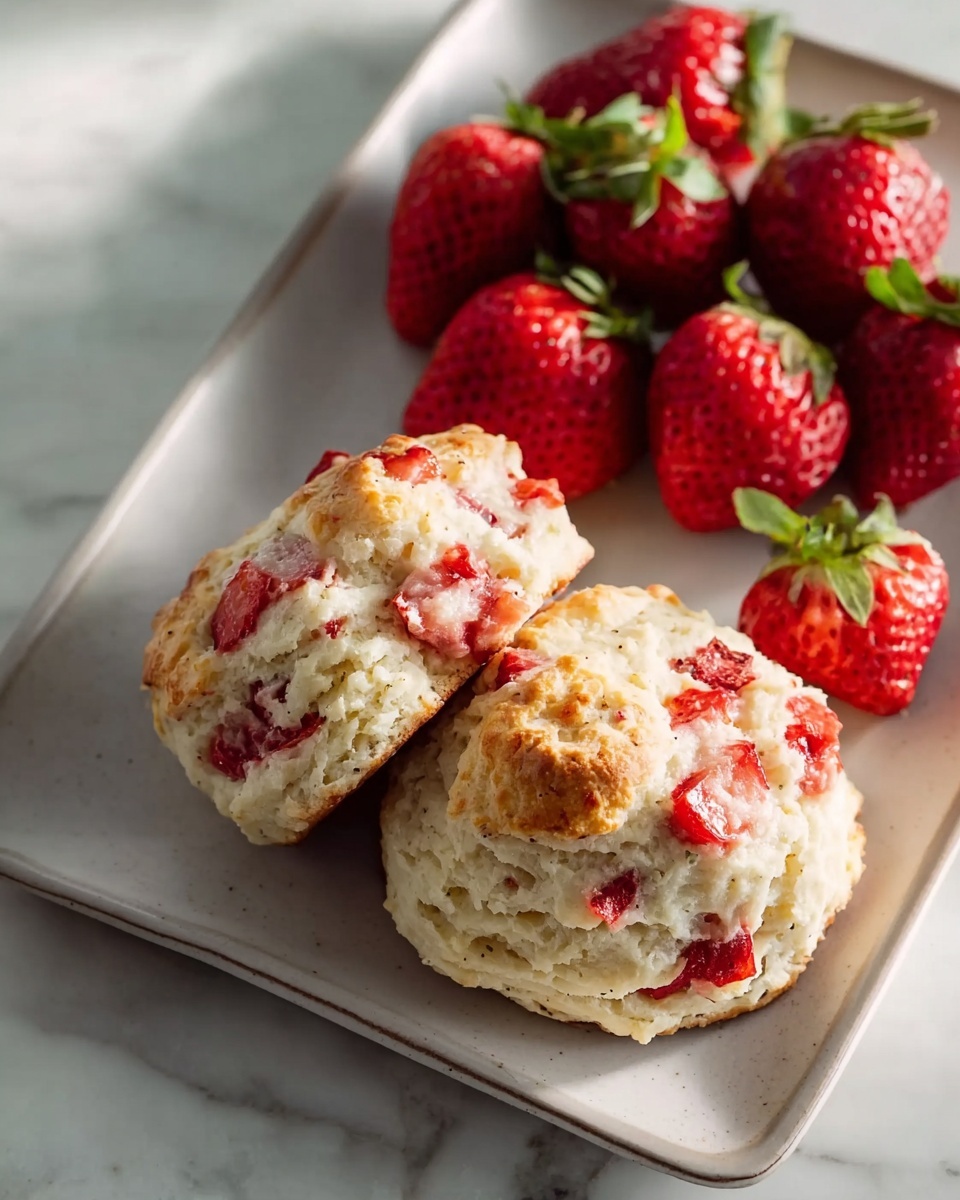 A large white oval ceramic serving tray filled with a generous batch of freshly baked strawberry scones, golden-topped with visible chunks of vibrant red strawberry throughout each scone. The scones are arranged neatly and generously on the tray, showcasing their rustic, fluffy texture with a delicate crust. The white marble kitchen countertop beneath complements the presentation. The scene is captured in natural soft directional light, offering a mouth-watering, indulgent, and elegant impression of the full batch of scones, styled by a professional food stylist, photographed at 3/4 angle close-up with a Nikon Z7 and a 50mm focal length lens during daytime in a bright kitchen near windows. REALISTIC STYLE IMAGE | TAGS: High-end food photography, clean composition, dramatic lighting, luxurious, elegant, mouth-watering, indulgent, gourmet | CAMERA: Nikon Z7 | FOCAL LENGTH: 50mm | SHOT TYPE: Close-up | COMPOSITION: 3/4 angle | LIGHTING: Soft directional light | PRODUCTION: Food Stylist | TIME: Daytime | LOCATION TYPE: Kitchen near windows --stylize 150 --ar 4:5