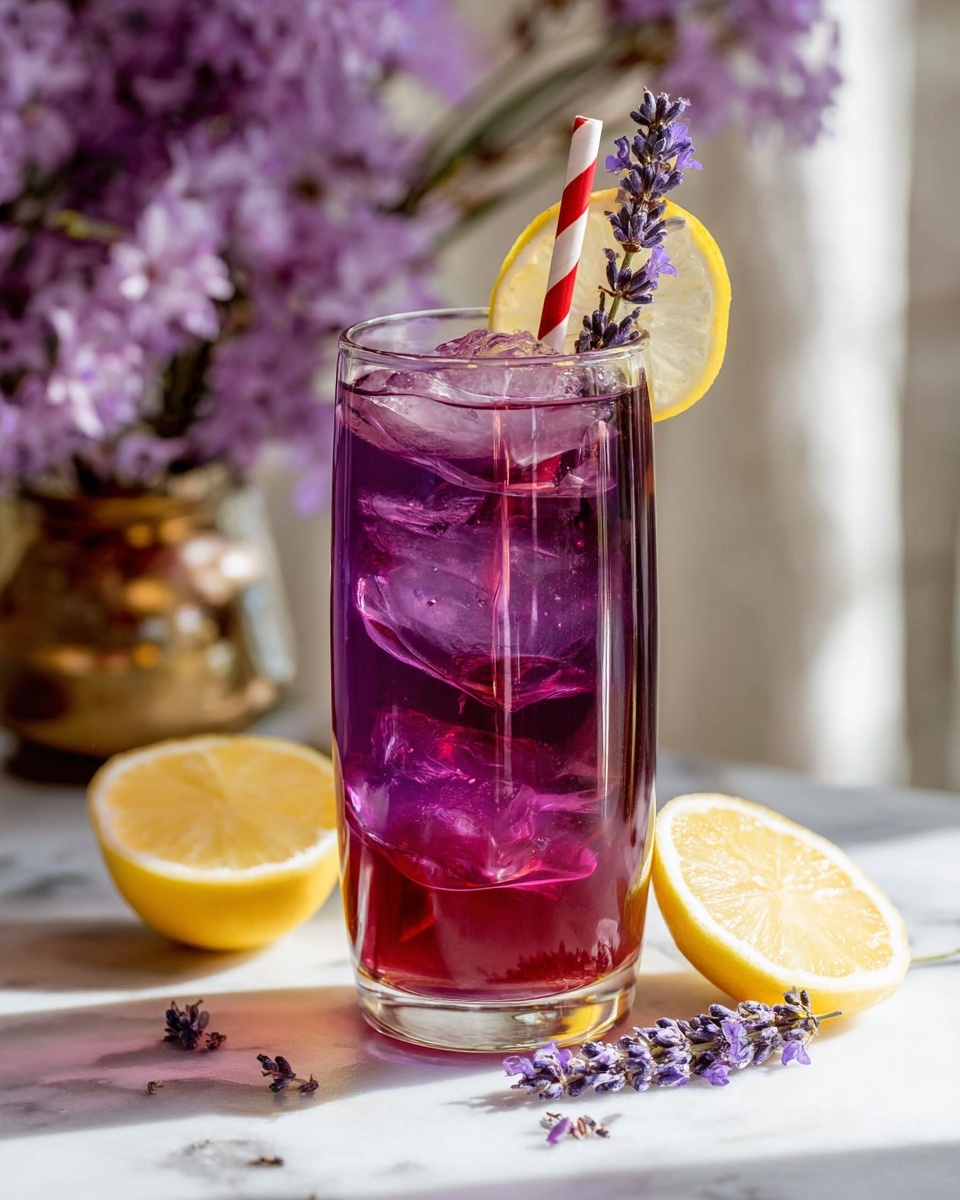 Large modern glass pitcher filled with vibrant purple lavender lemonade, brimming with ice cubes, fresh lavender sprigs, and lemon slices, placed on a white marble kitchen countertop with natural daylight highlighting the refreshing drink, styled with scattered lavender flowers and fresh lemons around, photographed in a clean, elegant, and luxurious manner as a hero food magazine shot, capturing the entire pitcher in frame from a 3/4 angle for a mouth-watering and indulgent presentation. REALISTIC STYLE IMAGE| TAGS: High-end food photography, clean composition, dramatic lighting, luxurious, elegant, mouth-watering, indulgent, gourmet | CAMERA: Nikon Z7 | FOCAL LENGTH: 50mm | SHOT TYPE: Close-up | COMPOSITION: 3/4 angle | LIGHTING: Soft directional light | PRODUCTION: Food Stylist | TIME: Daytime I LOCATION TYPE: Kitchen near windows --stylize 150 --ar 4:5