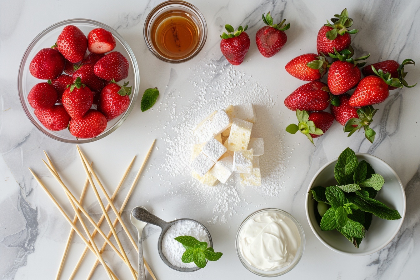 Tasty Strawberry Shortcake Kabobs Recipe 5 A single white rectangular plate featuring one elegant serving of stuffed strawberry bites: plump strawberries sliced and filled with fluffy whipped cream paired with cubes of golden, toasted pound cake nestled between the fruit, showcasing the creamy interior and light crumb texture of the cake. The bite-sized portion is garnished with finely grated dark chocolate shavings delicately scattered on top, revealing the luscious layers of fruit, cream, and cake in a close-up 3/4 angled shot. The plate rests on a pristine white marble surface illuminated by soft, natural daylight filtering through a nearby kitchen window, capturing the mouth-watering, indulgent essence of this gourmet dessert. REALISTIC STYLE IMAGE| TAGS: High-end food photography, clean composition, dramatic lighting, luxurious, elegant, mouth-watering, indulgent, gourmet | CAMERA: Nikon Z7 | FOCAL LENGTH: 50mm | SHOT TYPE: Close-up | COMPOSITION: 3/4 angle | LIGHTING: Soft directional light | PRODUCTION: Food Stylist | TIME: Daytime I LOCATION TYPE: Kitchen near windows --stylize 150 --ar 4:5