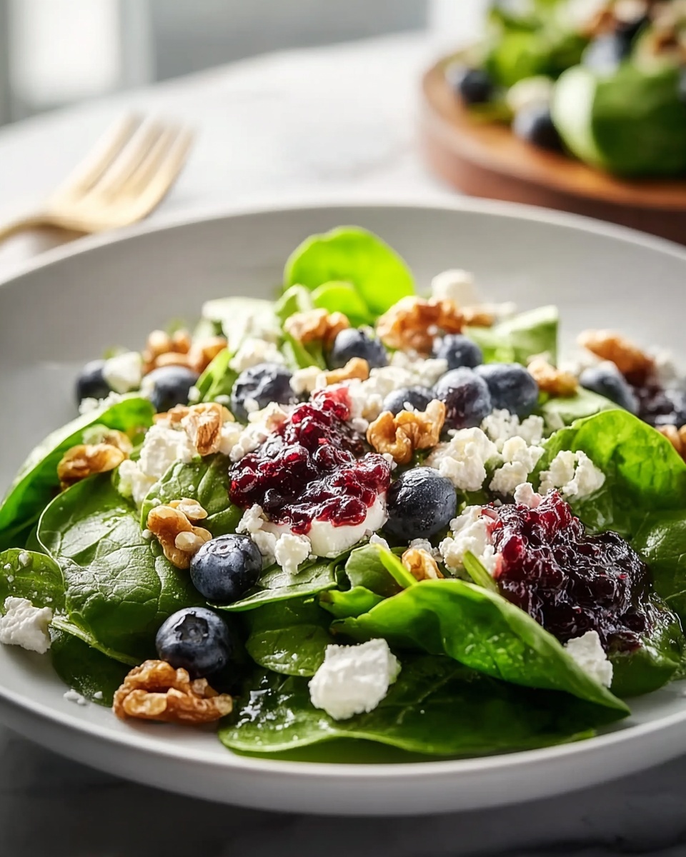 Large white salad bowl filled with fresh vibrant spinach and mixed greens, generously topped with crumbled creamy goat cheese, plump blueberries, crunchy walnuts, and dollops of deep red berry preserves, showcasing a perfectly tossed full serving of this colorful salad, photographed from a 3/4 angle on a white marble kitchen countertop with natural soft directional daylight pouring in, elegantly styled for a gourmet food magazine feature, emphasizing freshness and rich textures, REALISTIC STYLE IMAGE| TAGS: High-end food photography, clean composition, dramatic lighting, luxurious, elegant, mouth-watering, indulgent, gourmet | CAMERA: Nikon Z7 | FOCAL LENGTH: 50mm | SHOT TYPE: Close-up | COMPOSITION: 3/4 angle | LIGHTING: Soft directional light | PRODUCTION: Food Stylist | TIME: Daytime I LOCATION TYPE: Kitchen near windows --stylize 150 --ar 4:5