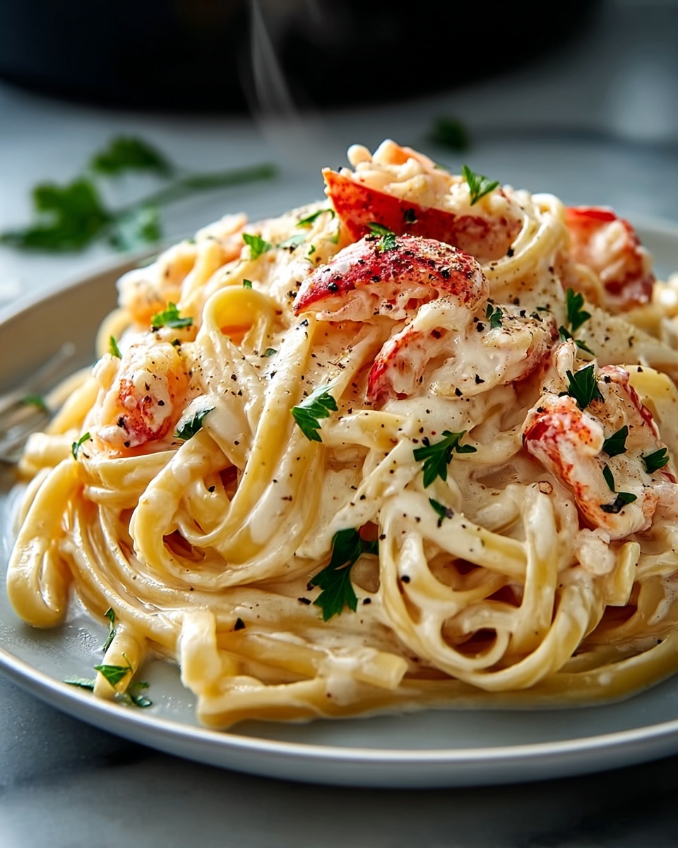 Large white ceramic serving bowl filled with creamy lobster linguine, pasta strands intertwined and coated in a rich, velvety sauce, generously topped with whole succulent lobster pieces and sprinkled with freshly chopped parsley and cracked black pepper, the complete dish presented on a white marble kitchen countertop with natural soft directional daylight illuminating the textures, styled to highlight indulgence and gourmet appeal, photographed from a 3/4 angle like a high-end food magazine hero shot. REALISTIC STYLE IMAGE| TAGS: High-end food photography, clean composition, dramatic lighting, luxurious, elegant, mouth-watering, indulgent, gourmet | CAMERA: Nikon Z7 | FOCAL LENGTH: 50mm | SHOT TYPE: Close-up | COMPOSITION: 3/4 angle | LIGHTING: Soft directional light | PRODUCTION: Food Stylist | TIME: Daytime I LOCATION TYPE: Kitchen near windows --stylize 150 --ar 4:5